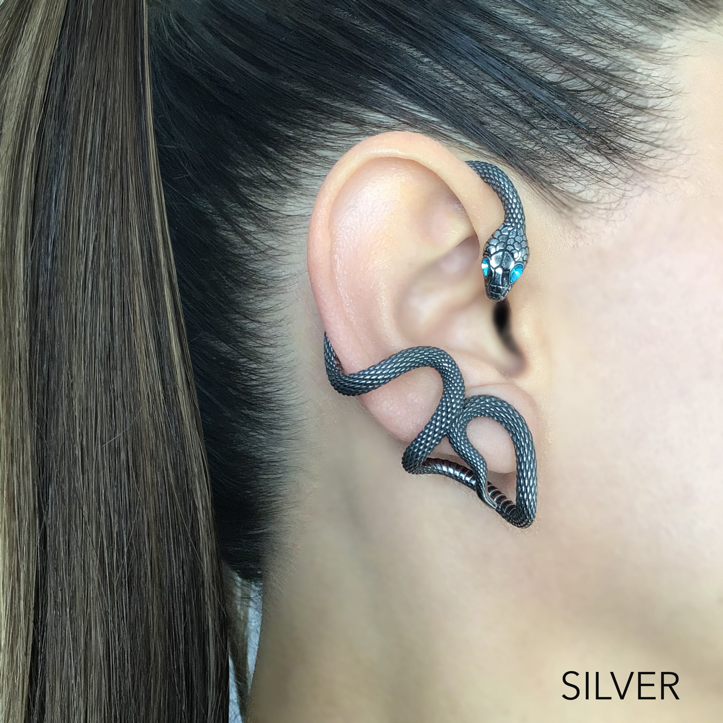 Snake ear wrap with Aquamarine Cz stones in Black