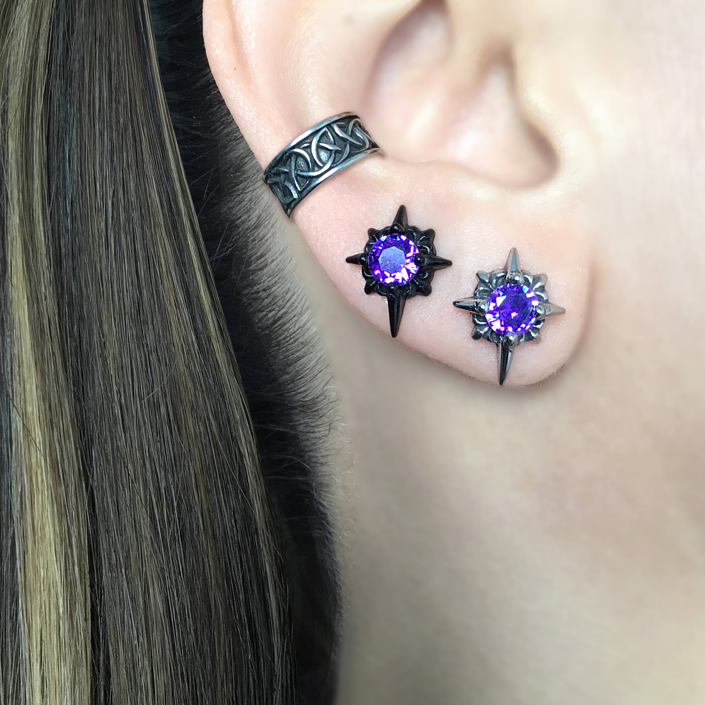 Starburst stud earrings with Purple CZ