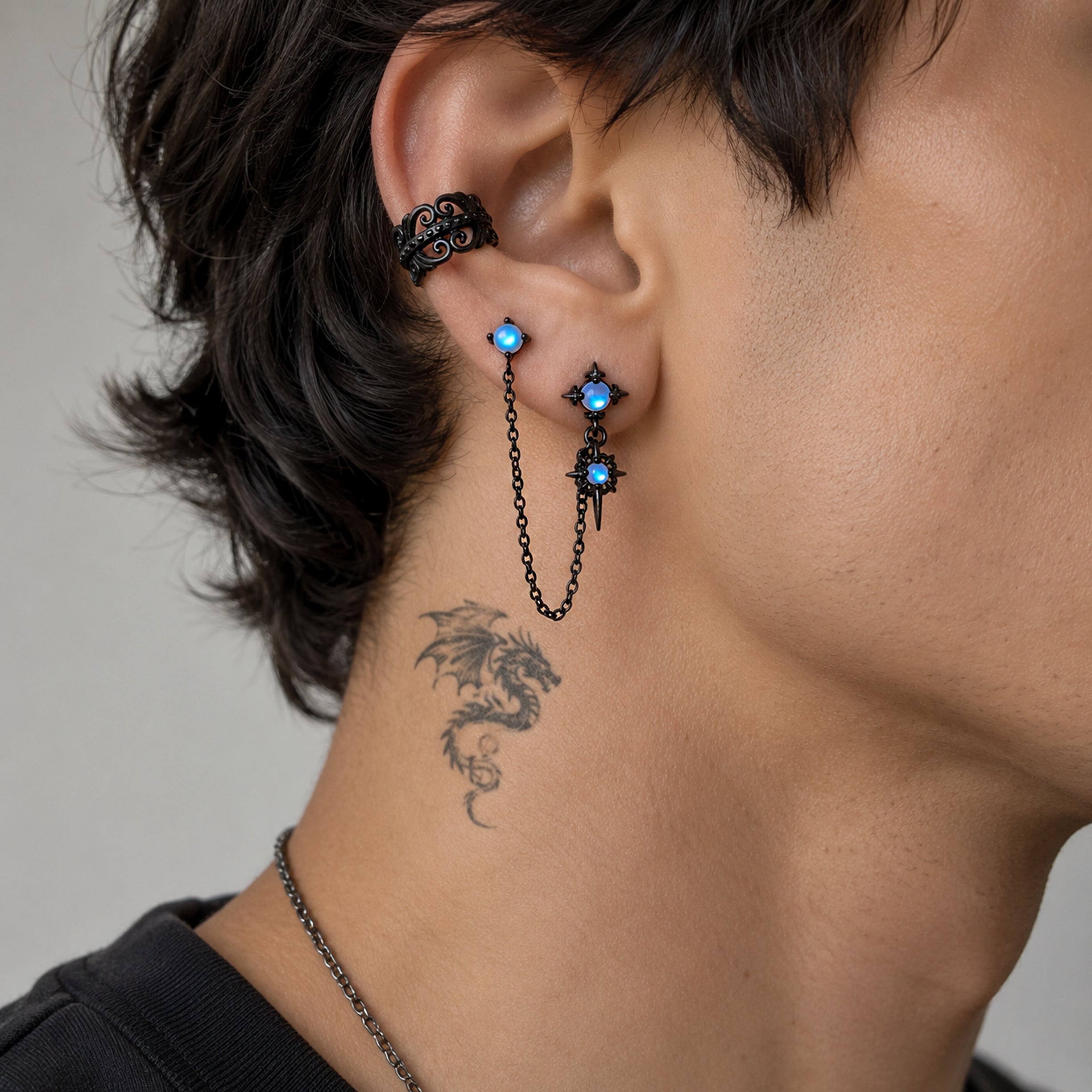 Double piercing Gothic Star earring with Blue glass