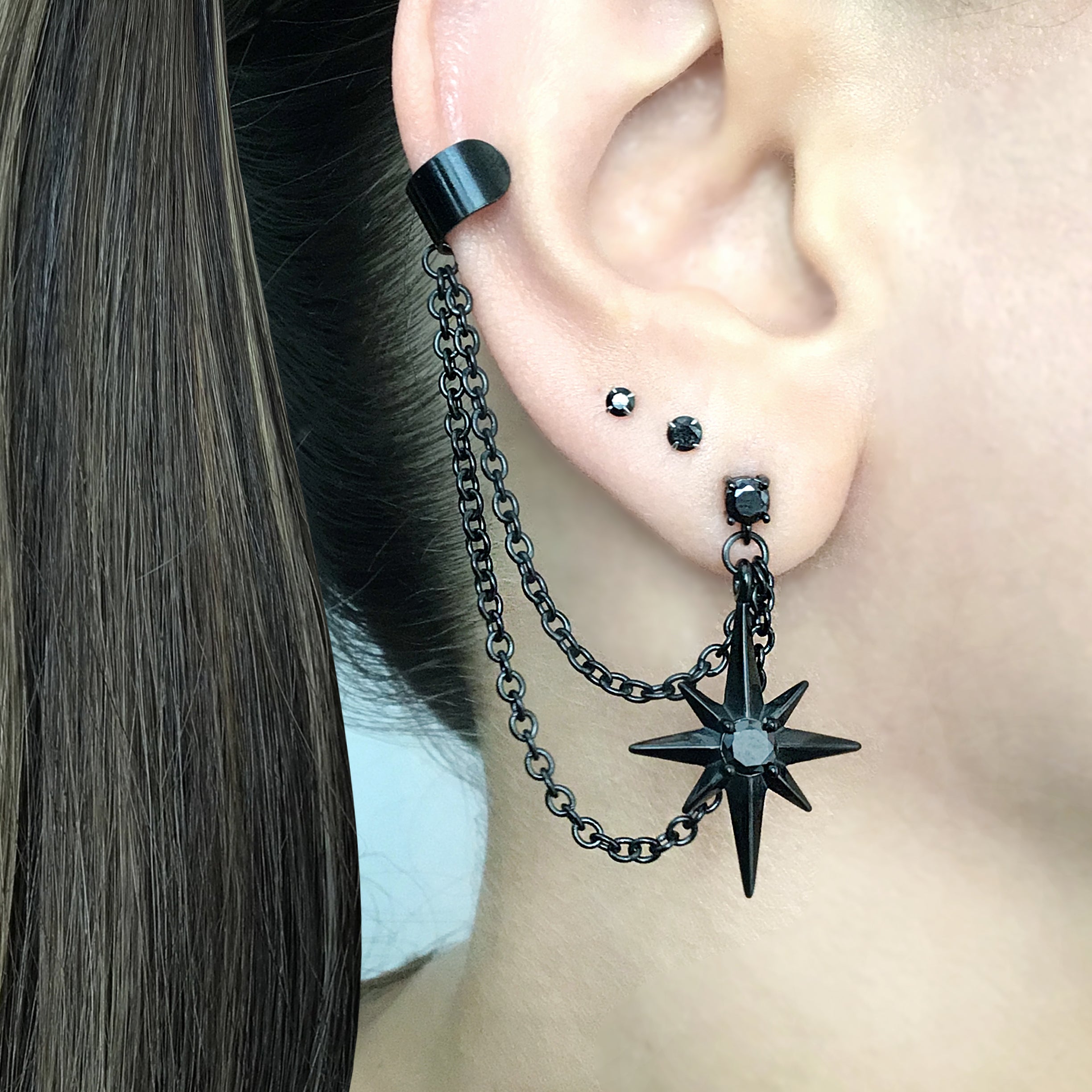 North Star earrings  with Black CZ and ear cuff