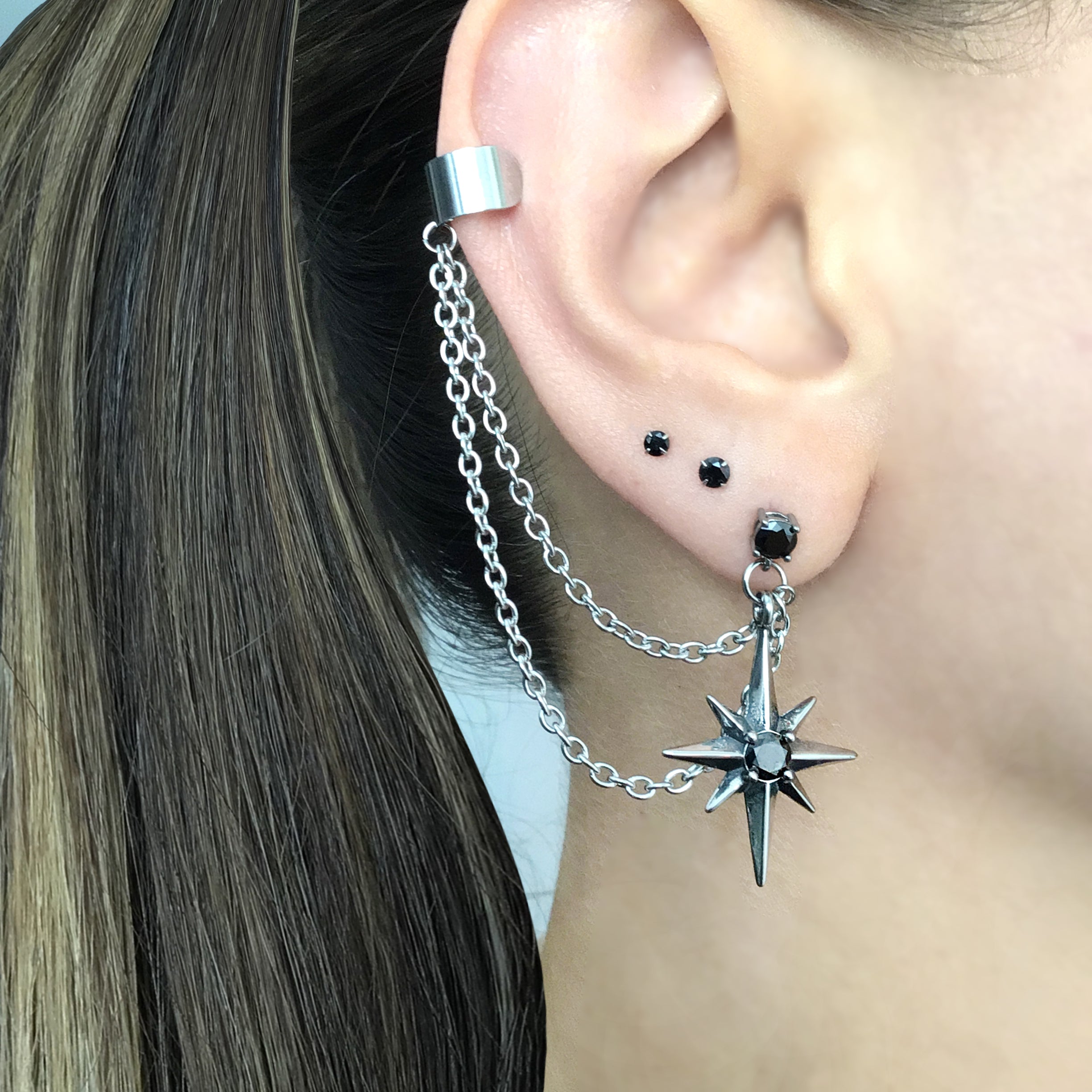 North Star earrings  with Black CZ and ear cuff