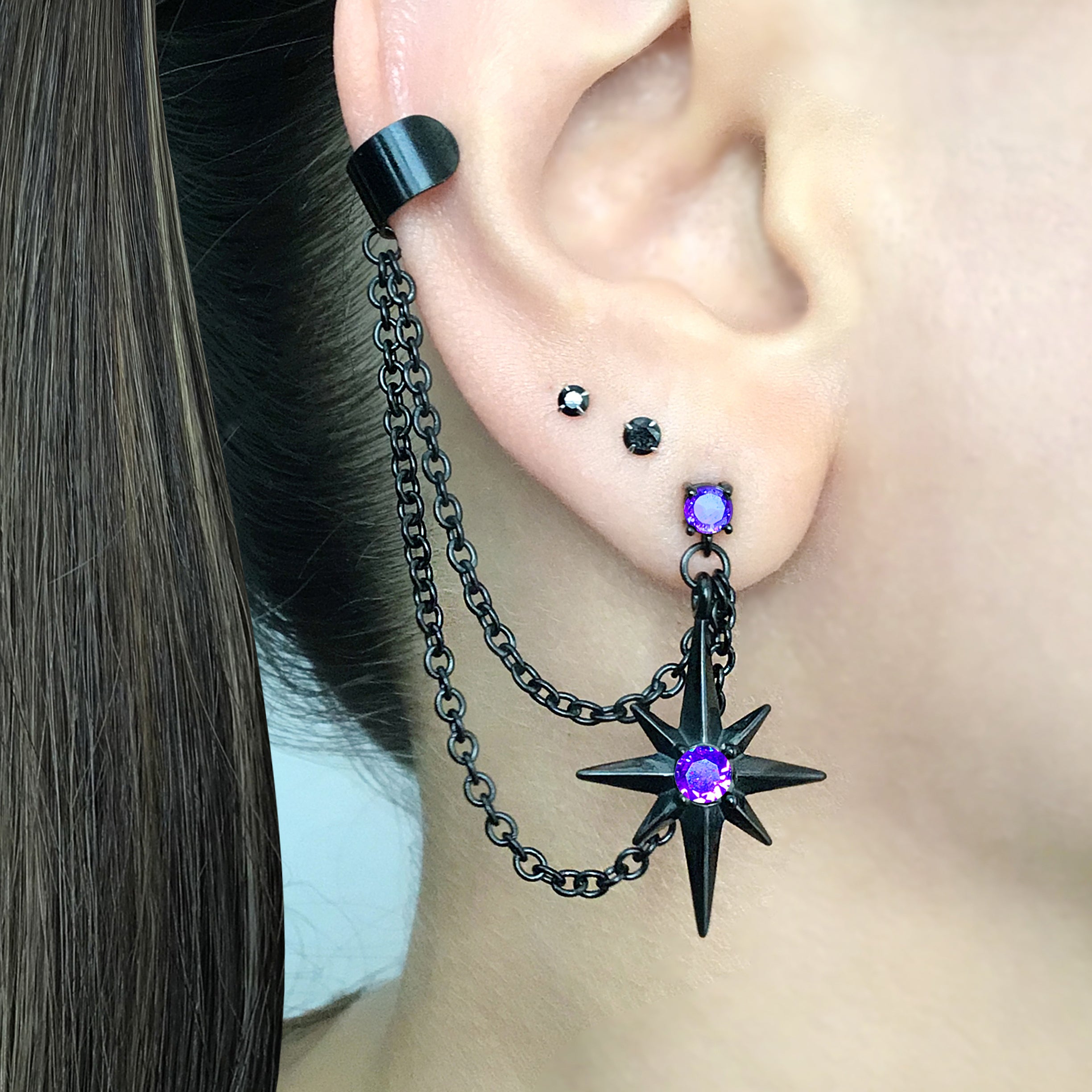 North Star earrings  with Purple  CZ and ear cuff