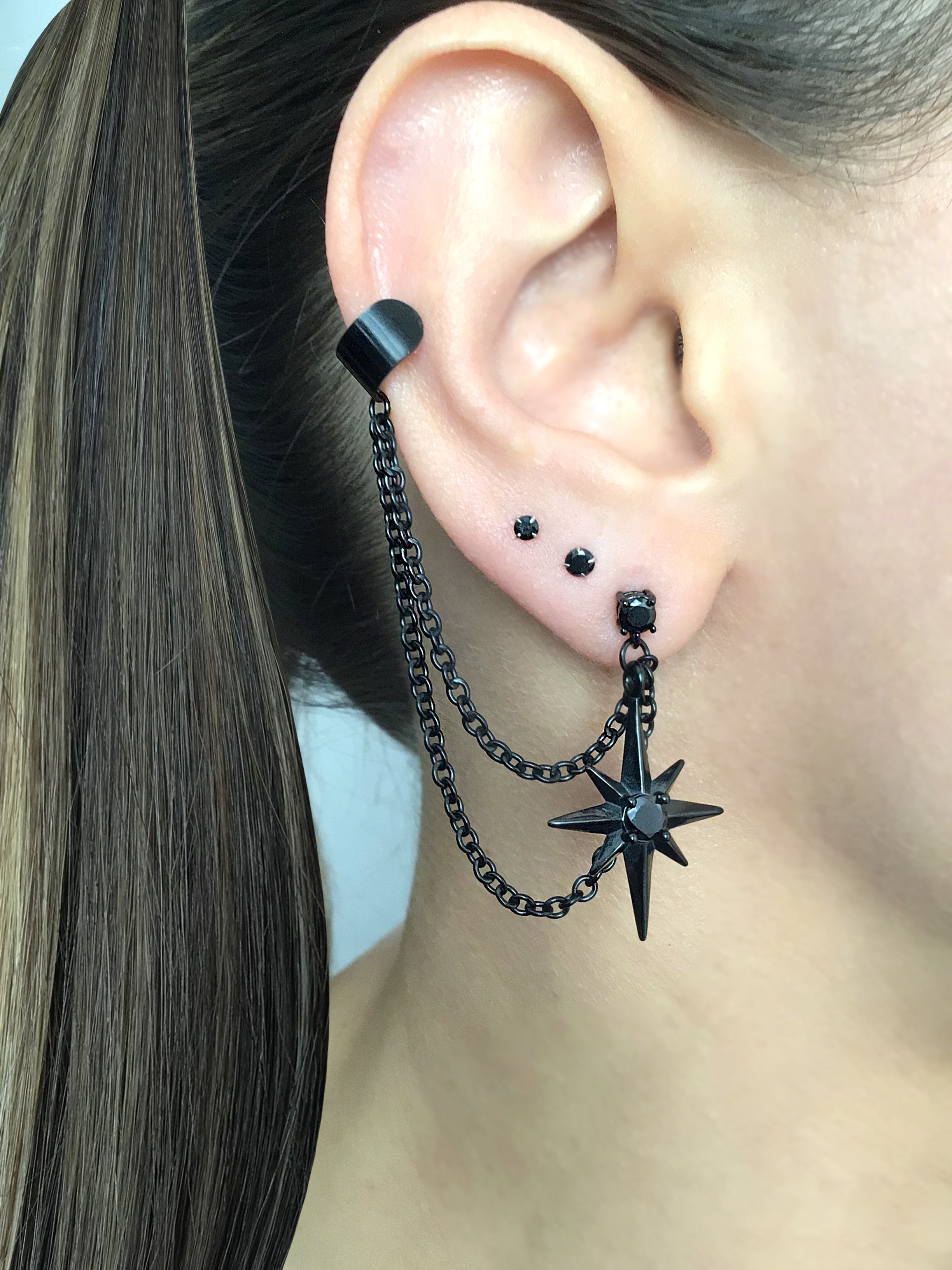North Star earrings  with Black CZ and ear cuff