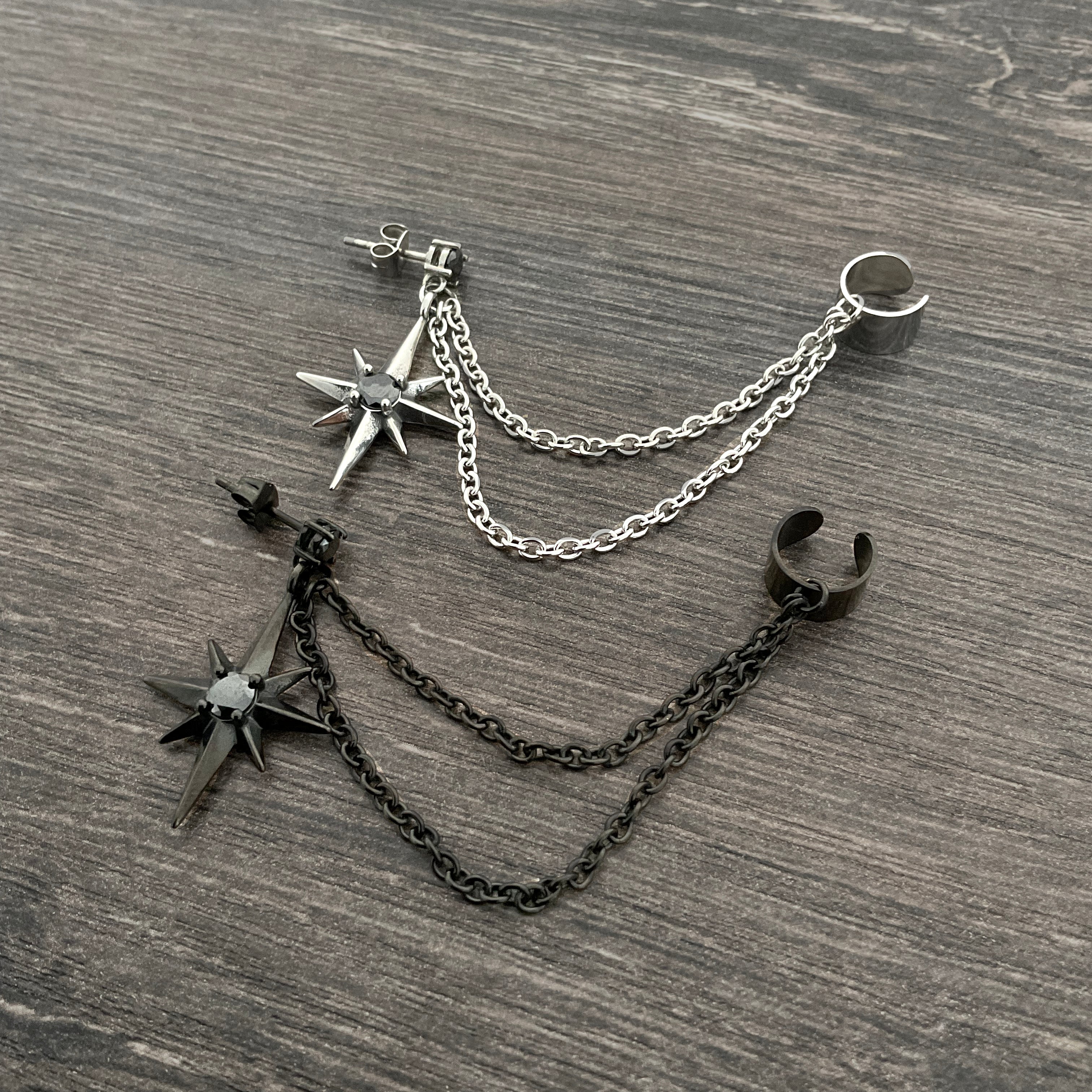 North Star earrings  with Black CZ and ear cuff