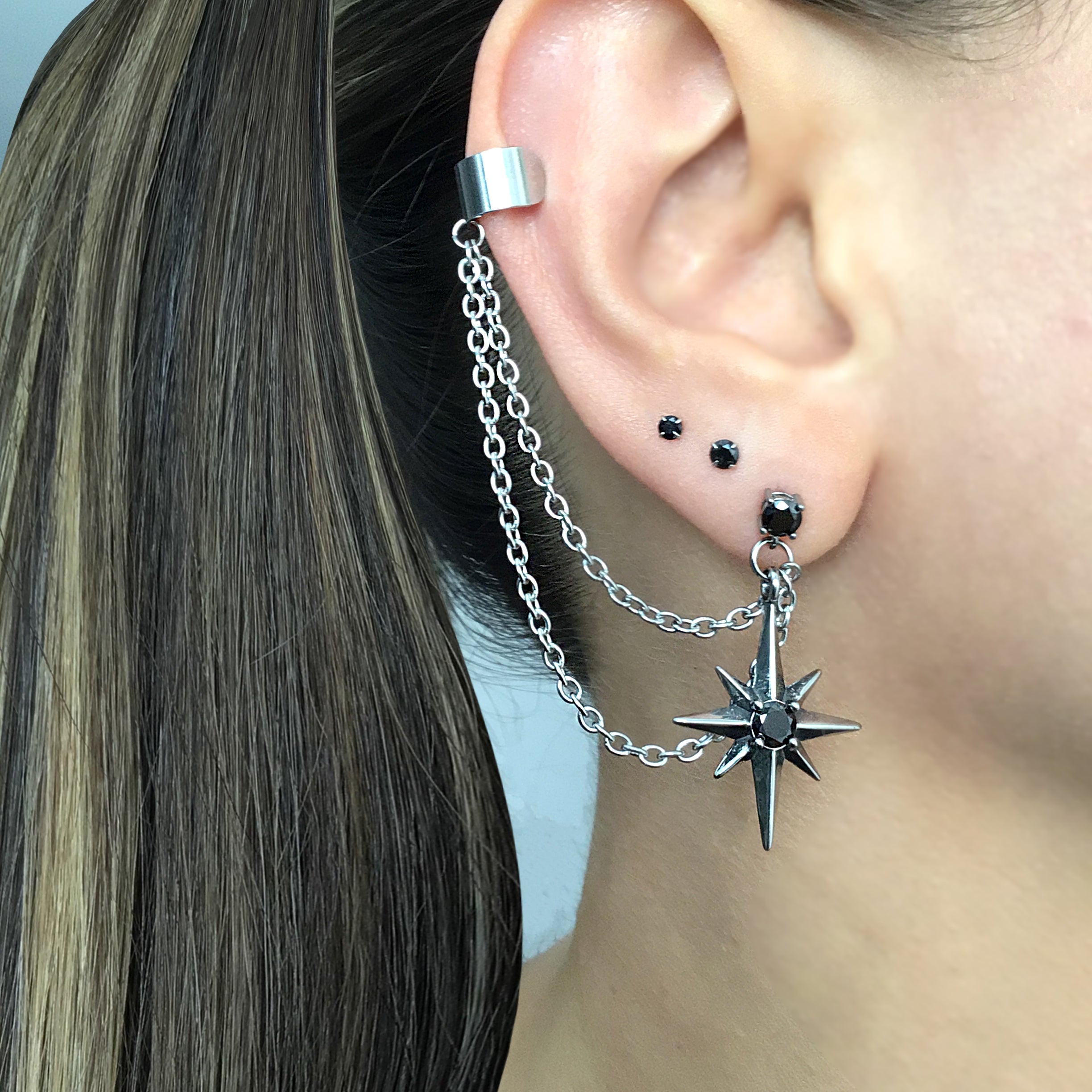 North Star earrings  with Black CZ and ear cuff