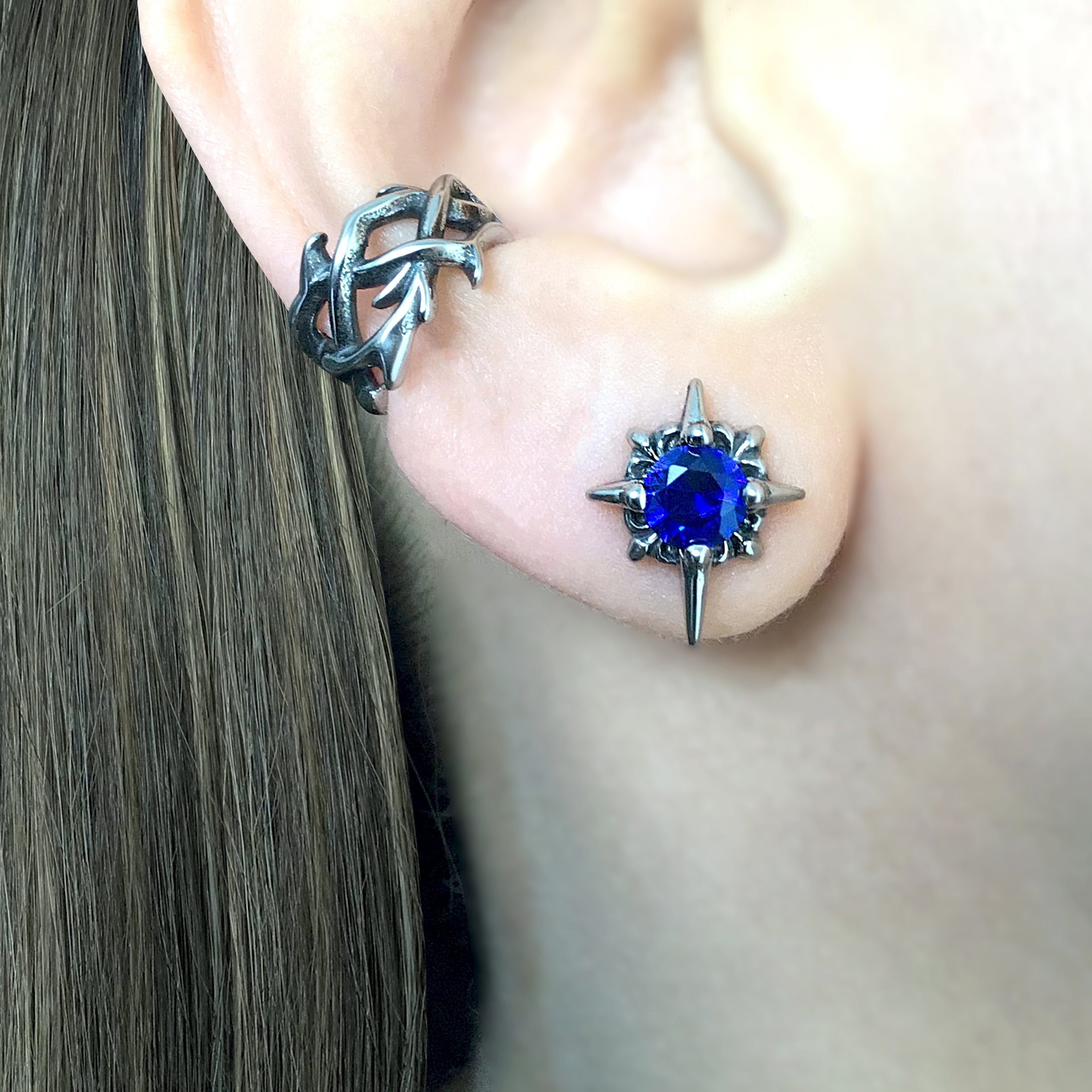 Starburst stud earrings with Sapphire blue CZ