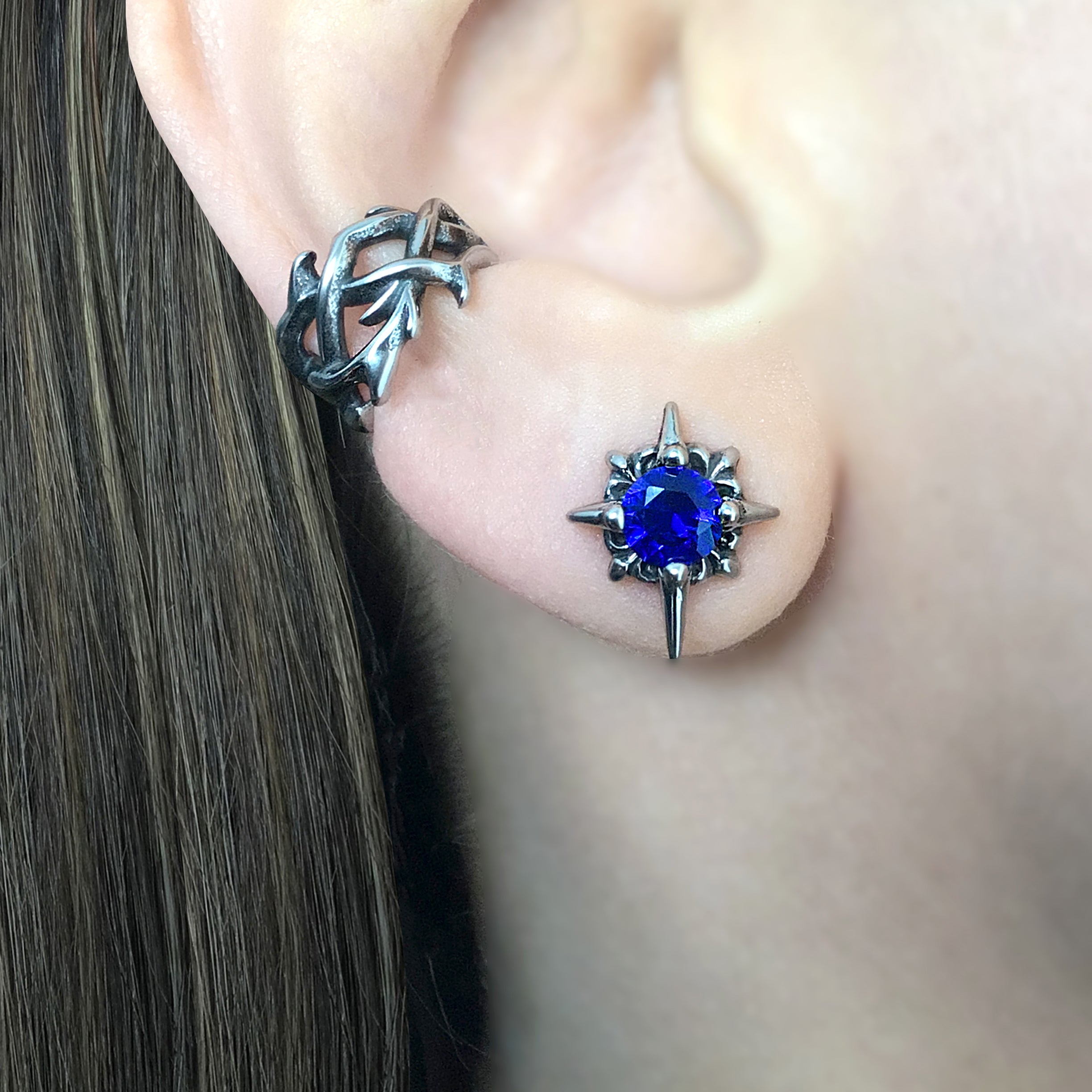 Starburst stud earrings with Sapphire blue CZ