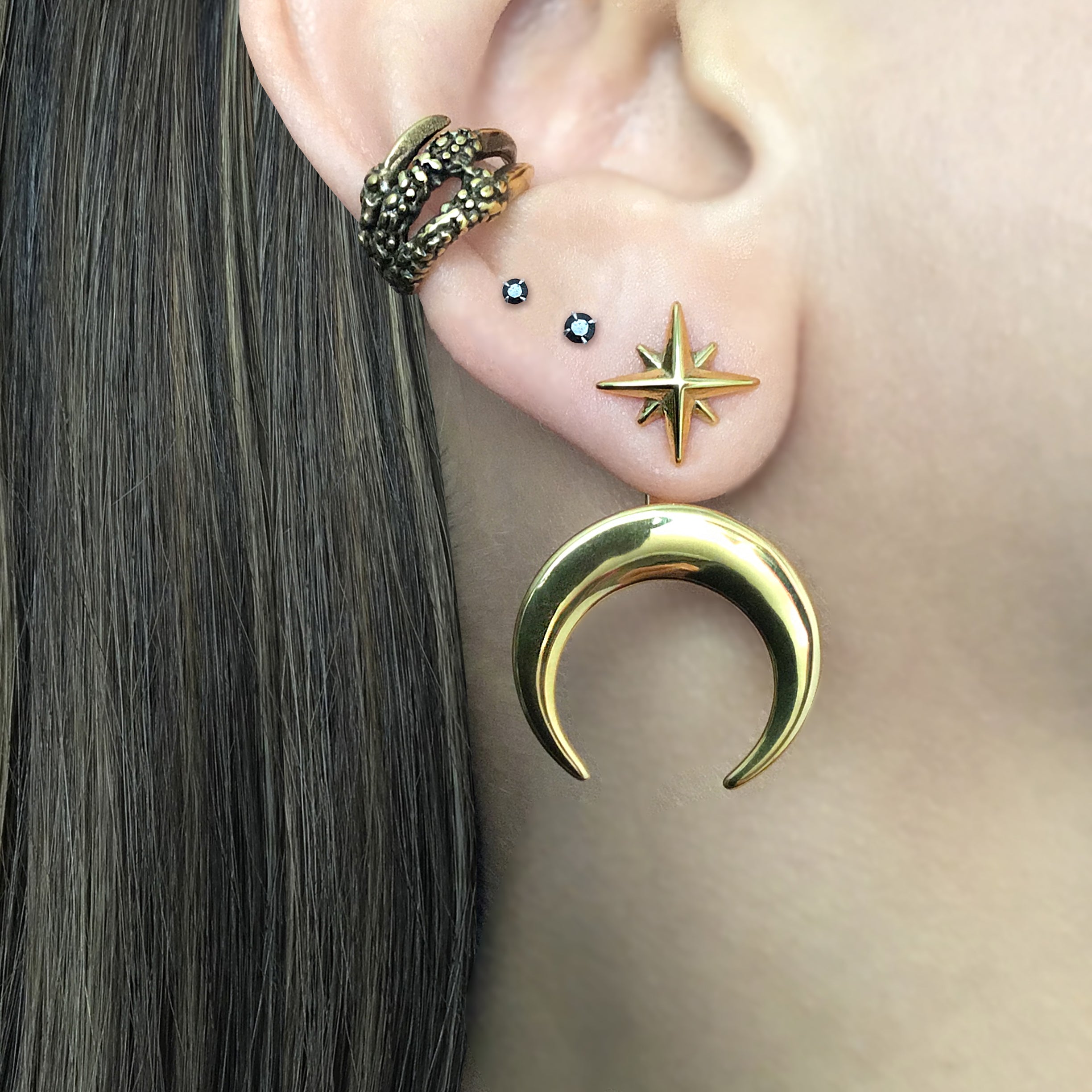 North Star and Moon front back earrings in Black