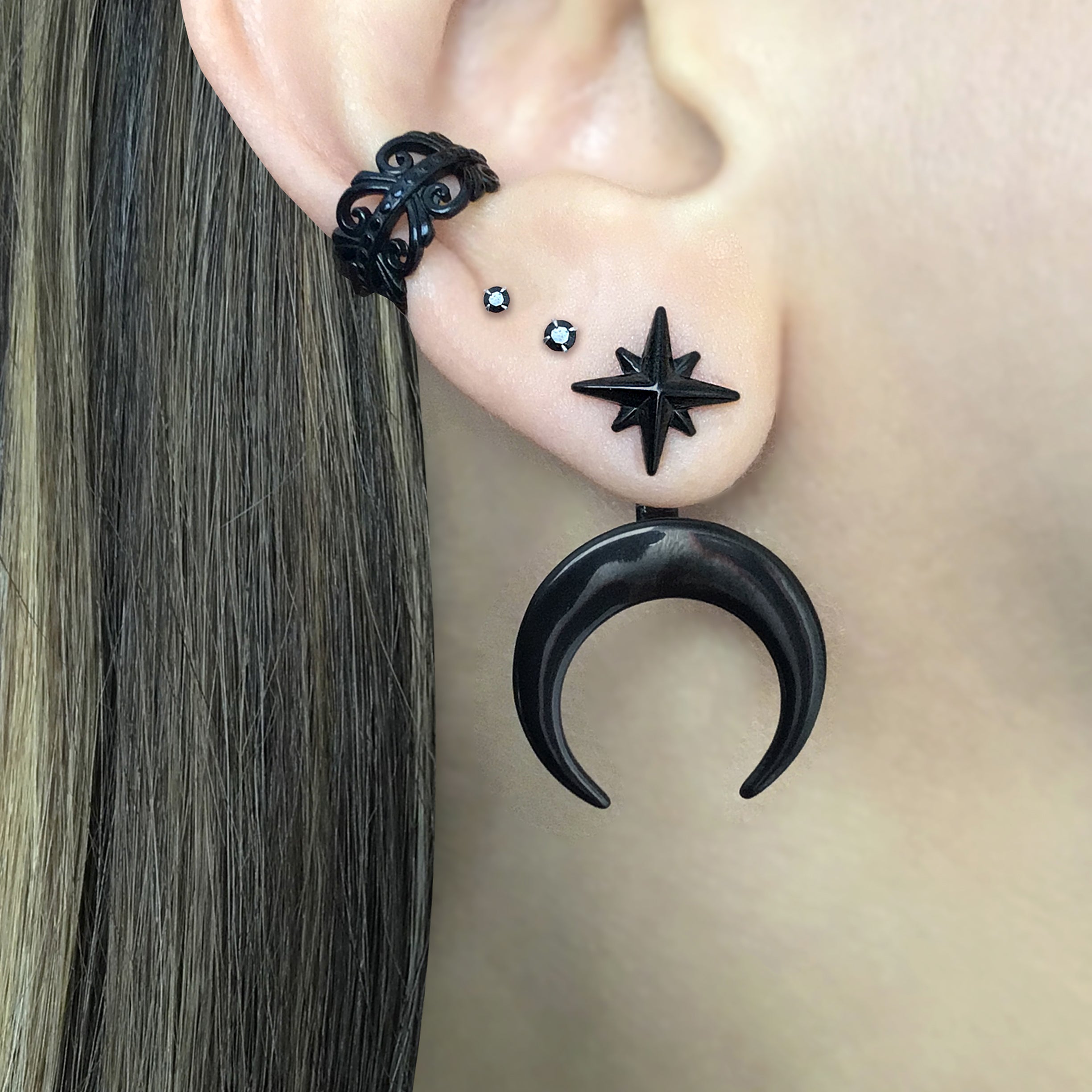 North Star and Moon front back earrings in Black