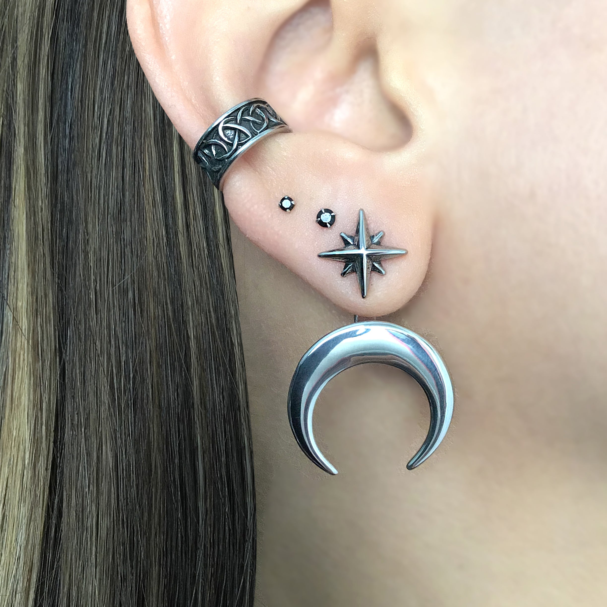 North Star and Moon front back earrings in Black