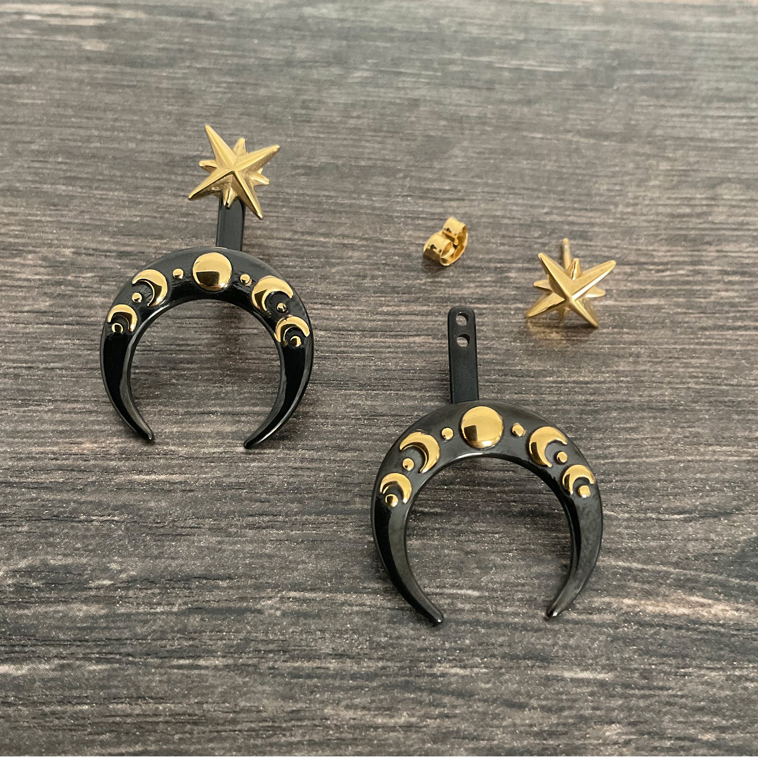 Moon phase and star front back earrings