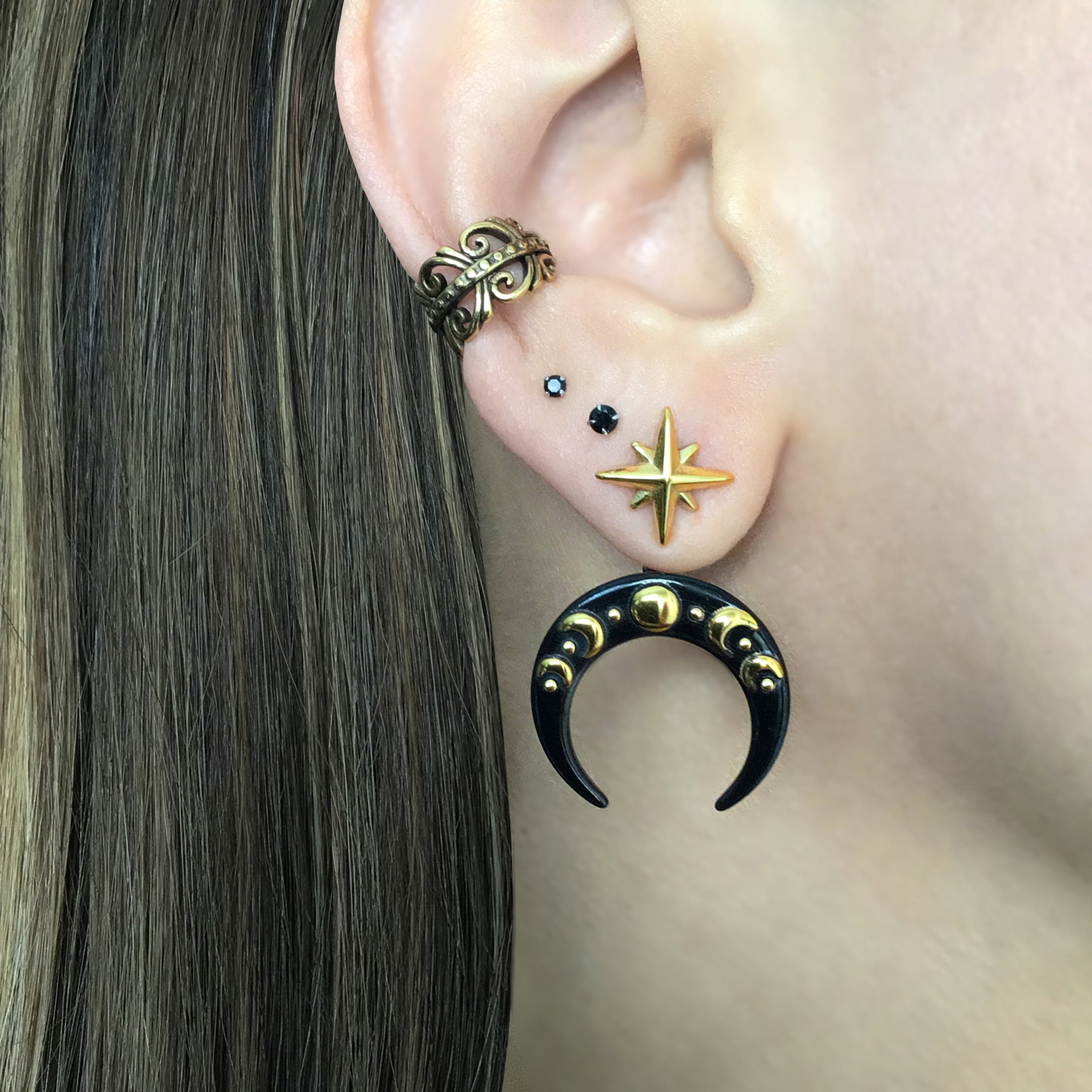 Moon phase and star front back earrings