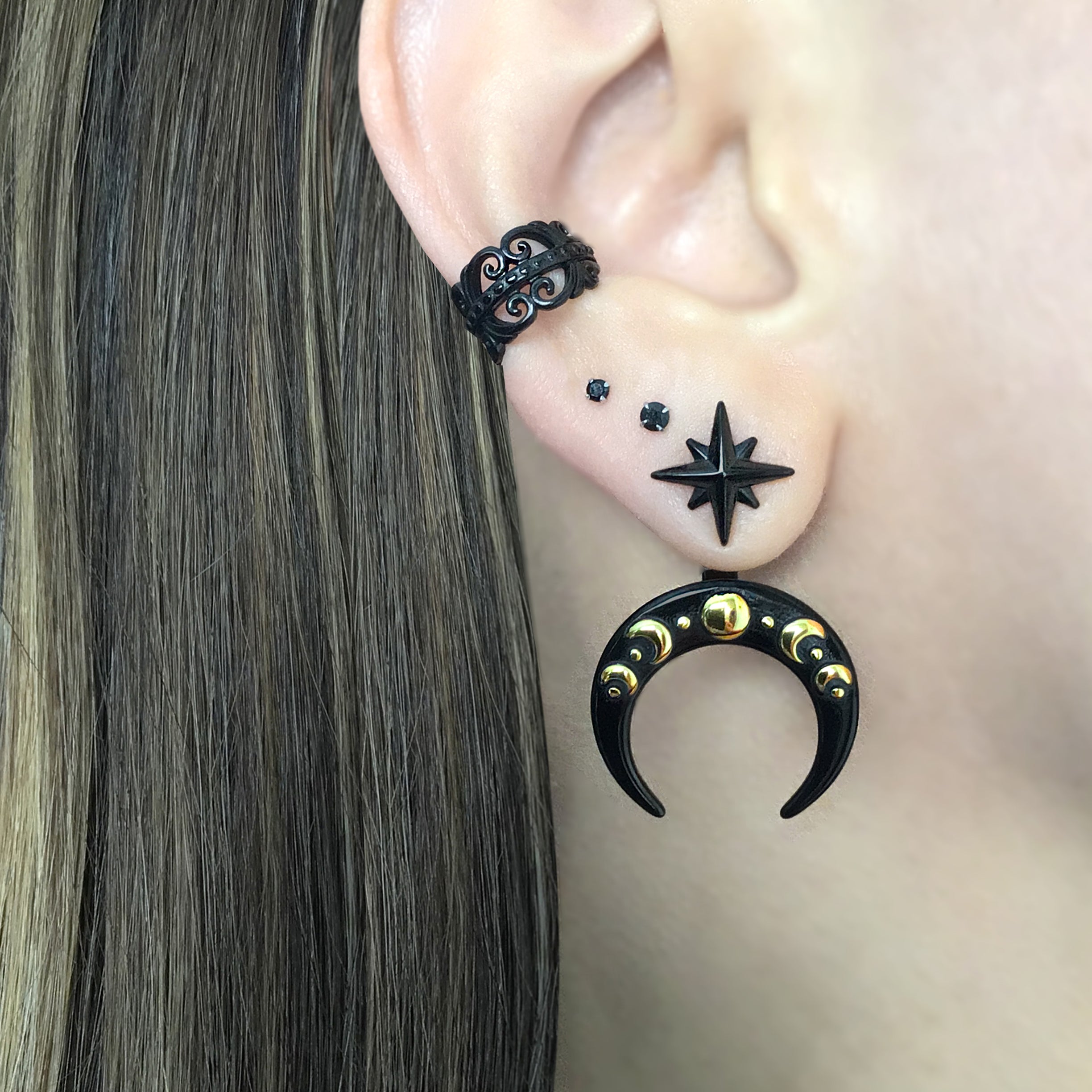 Moon phase and star front back earrings