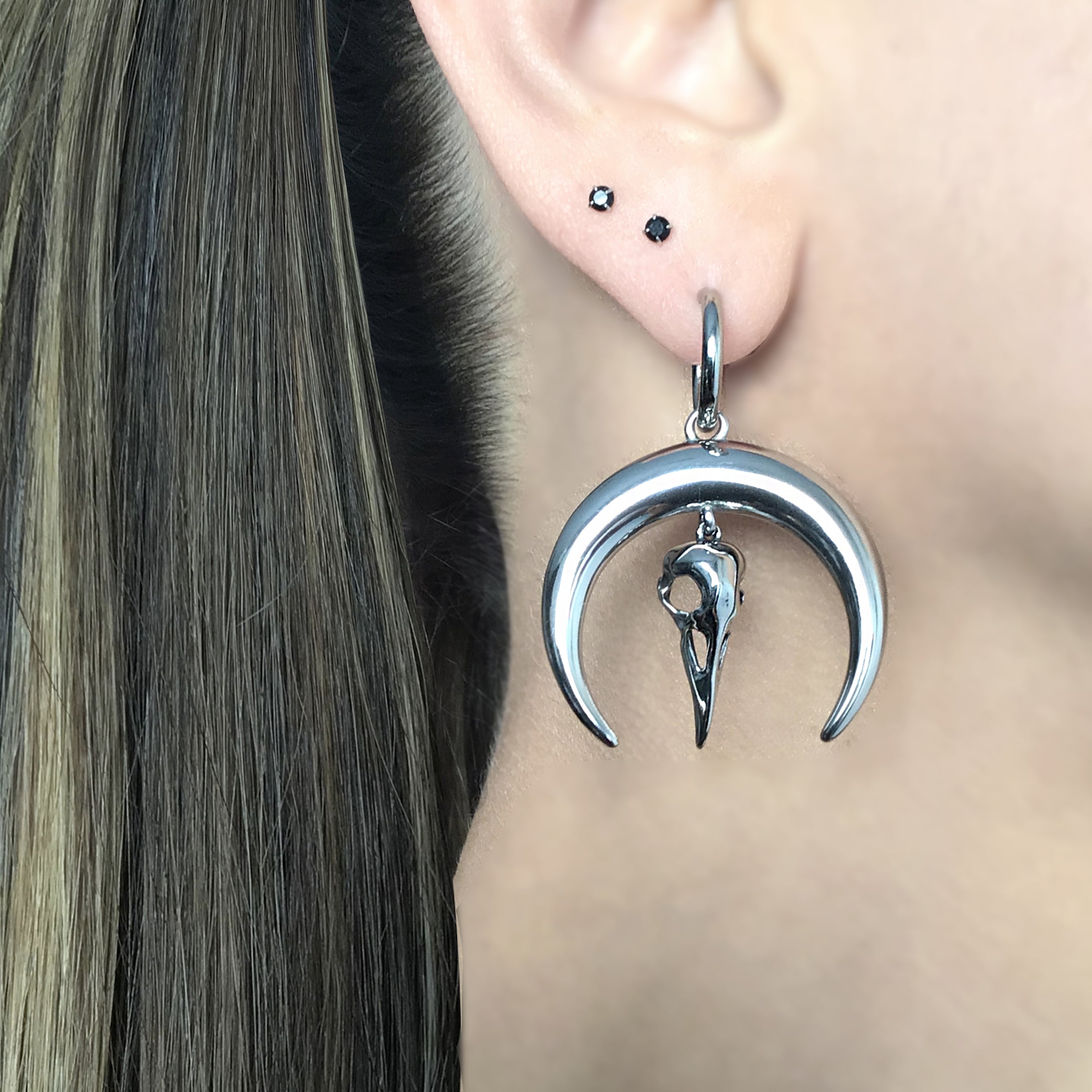 Moon and Raven hoop earrings in Black