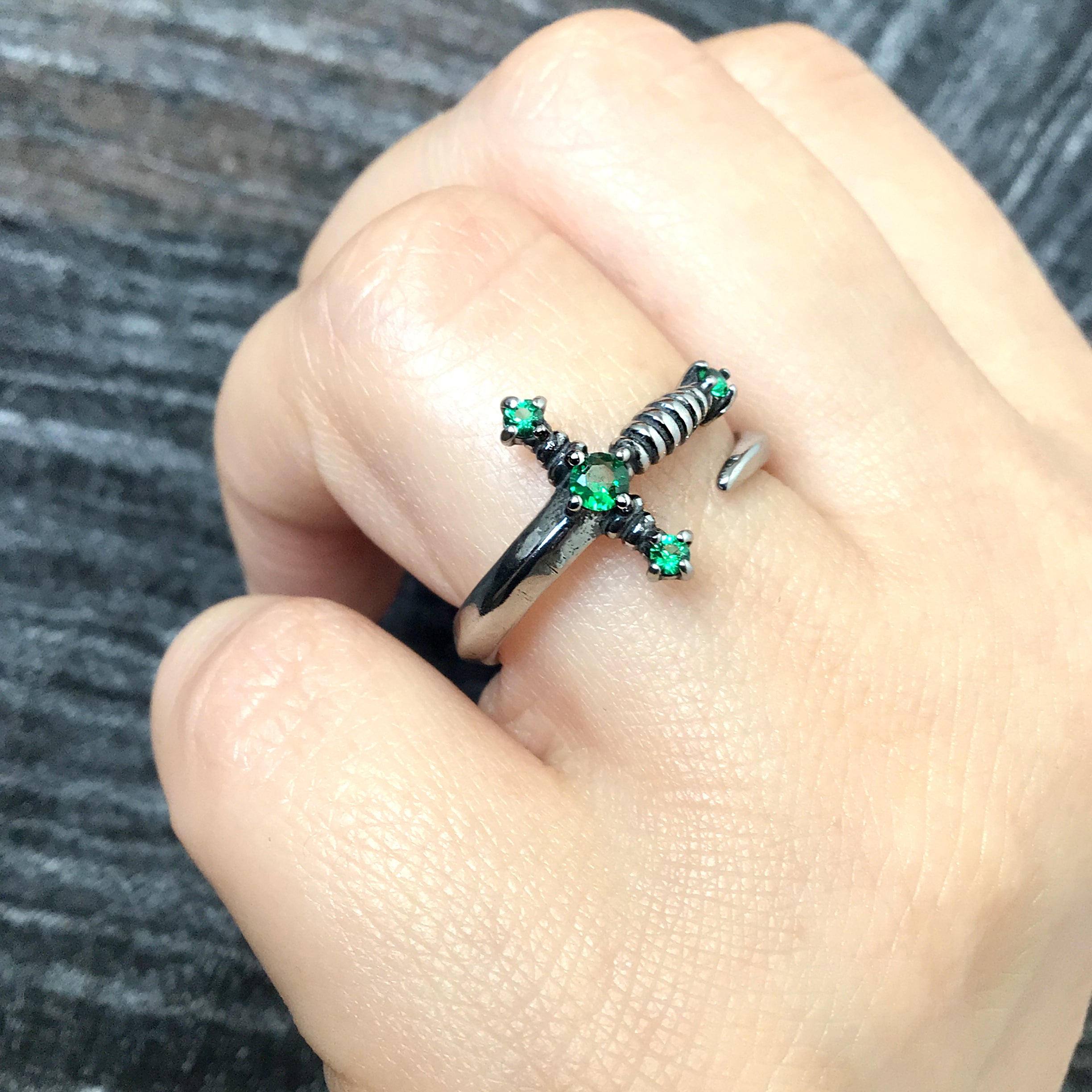 Kali Sword ring with Emerald green CZ stones