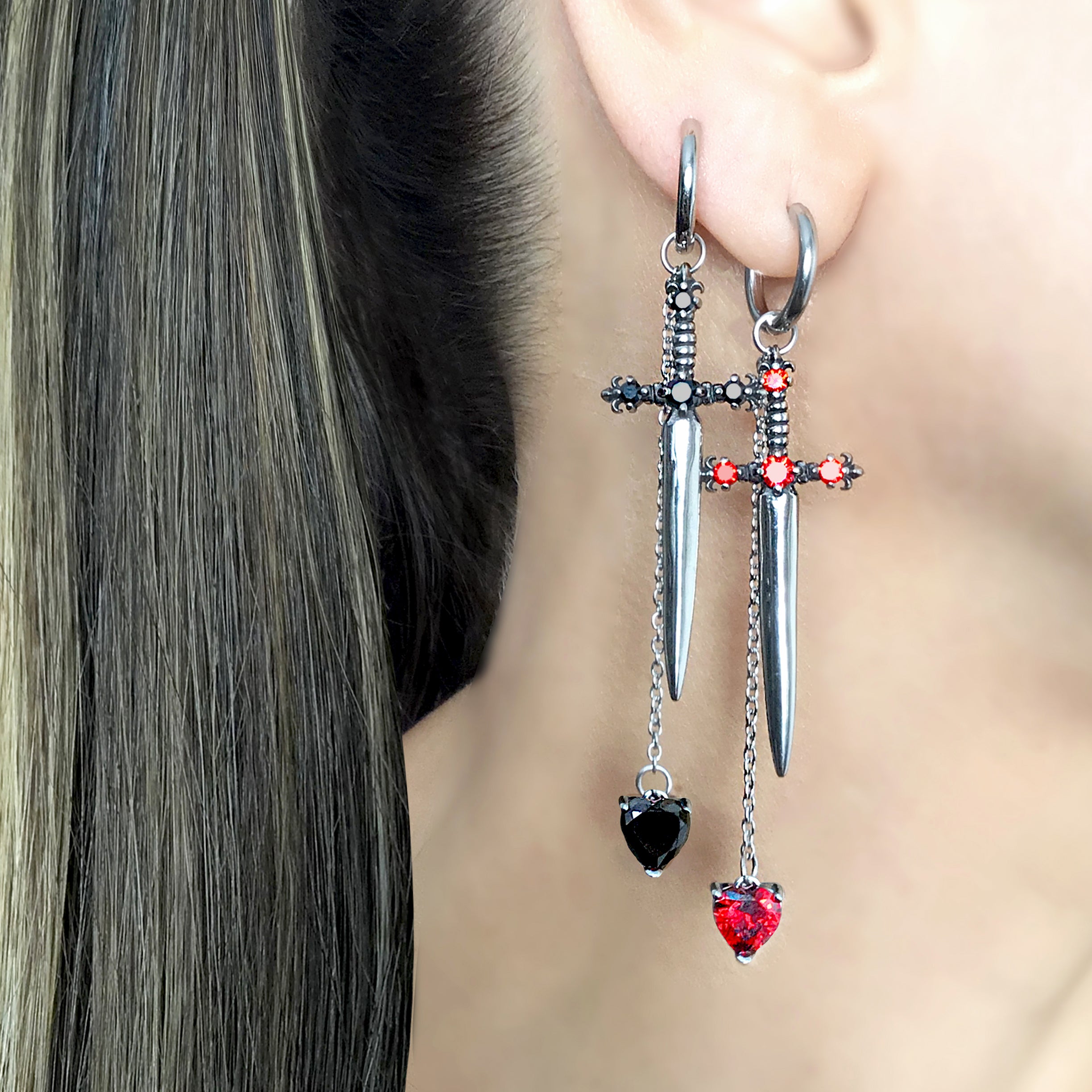 Sword with Heart hoop earrings  in Silver