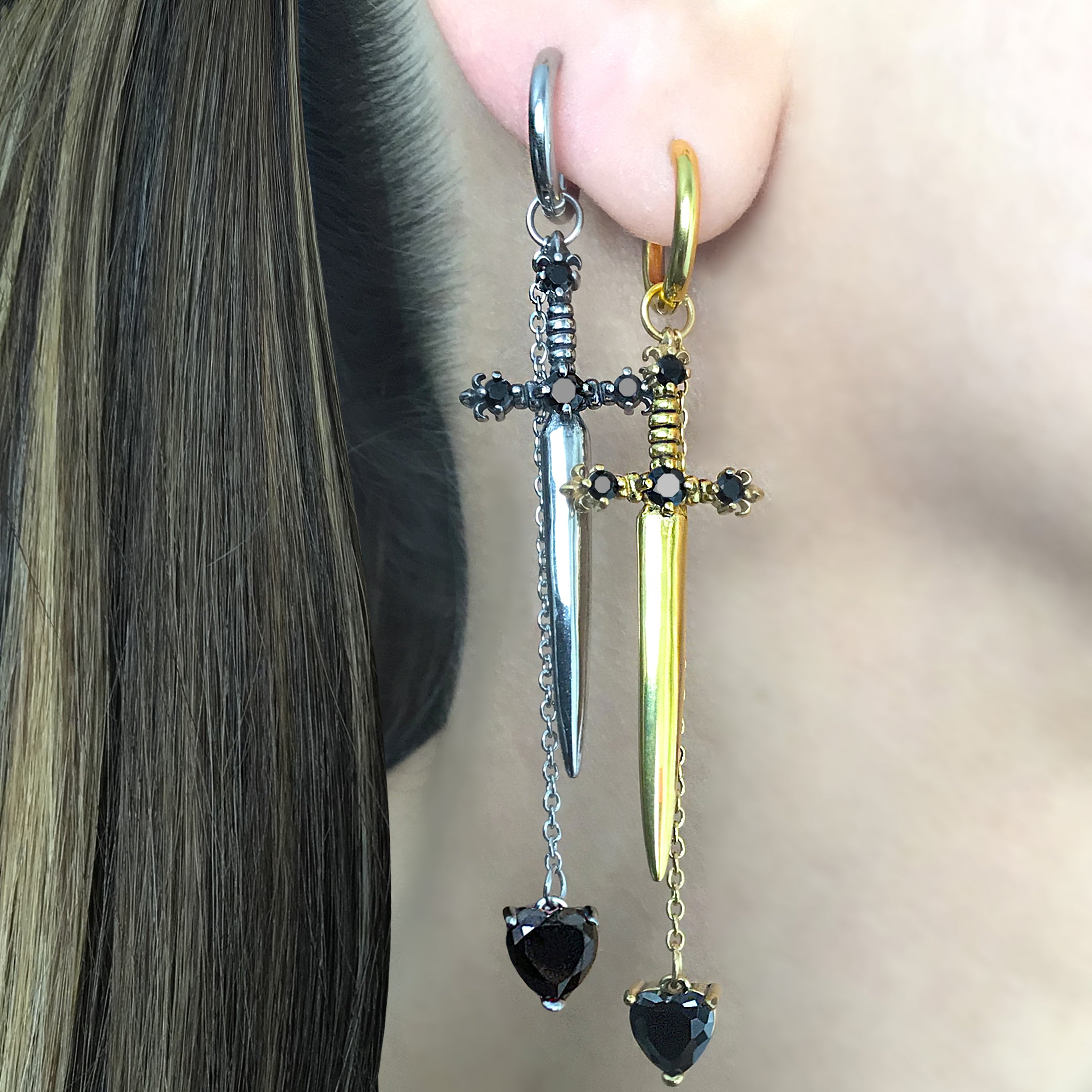 Sword with Heart hoop earrings  in Silver