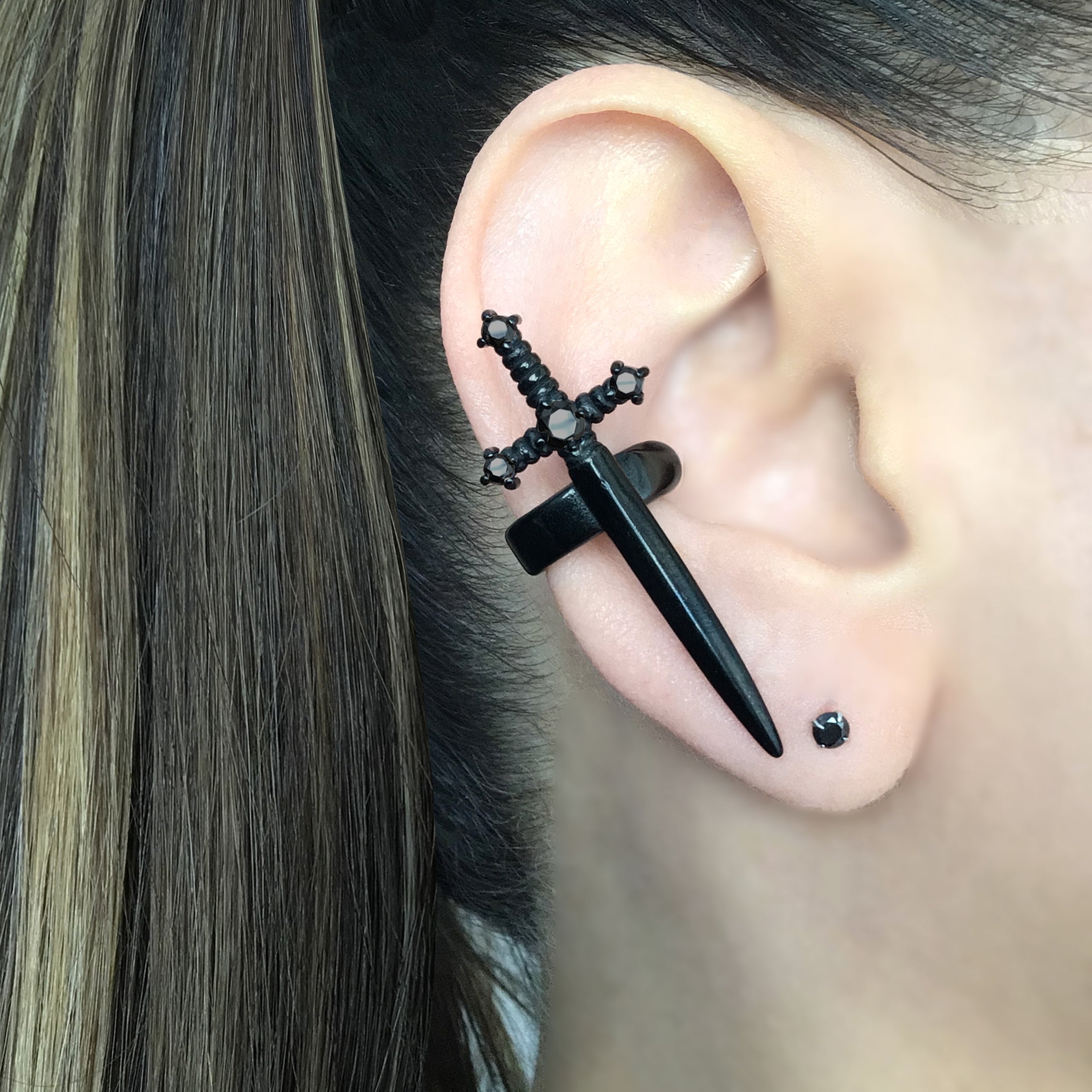 Kali Sword ear cuff with CZ stone in Black