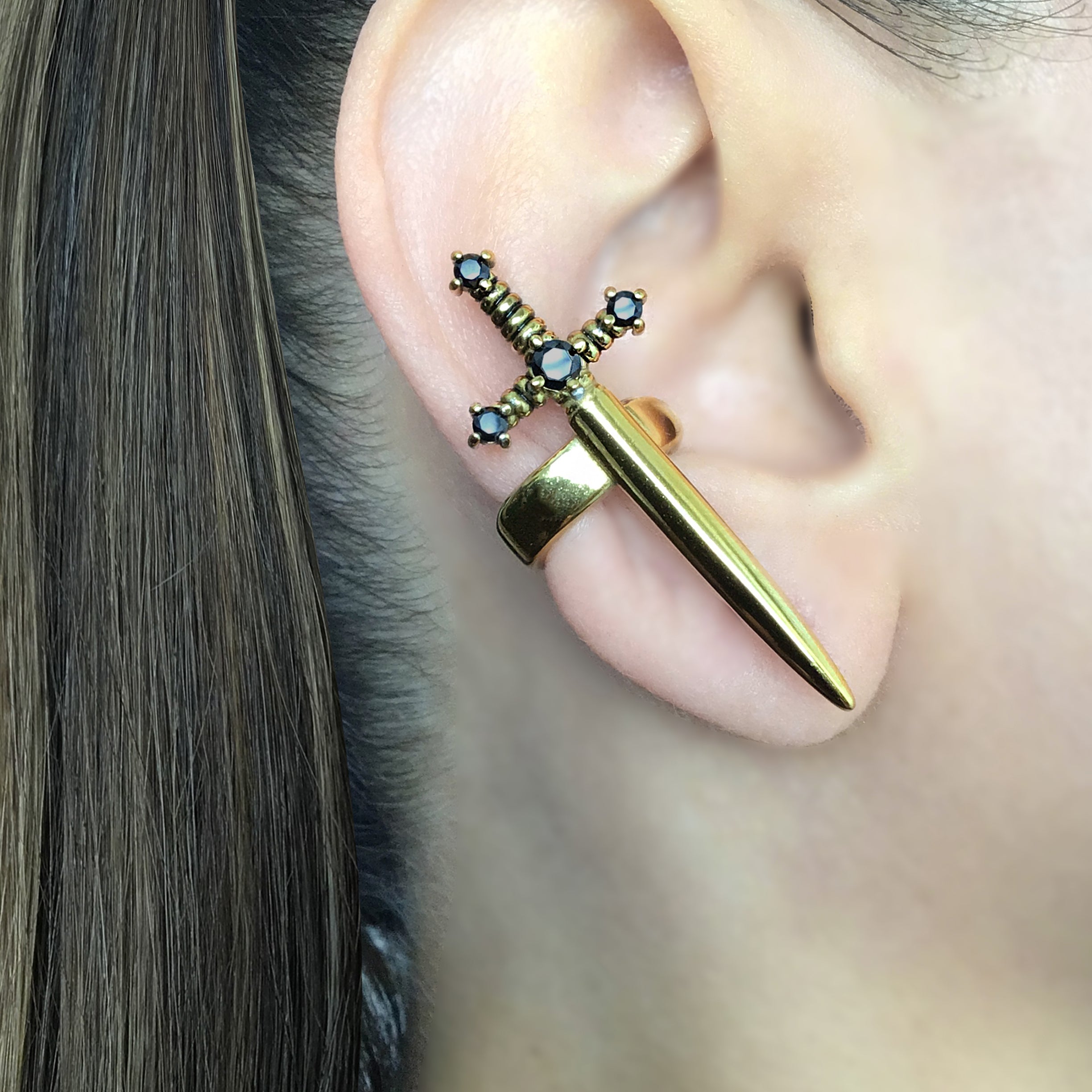 Kali Sword ear cuff with CZ stone in Gold