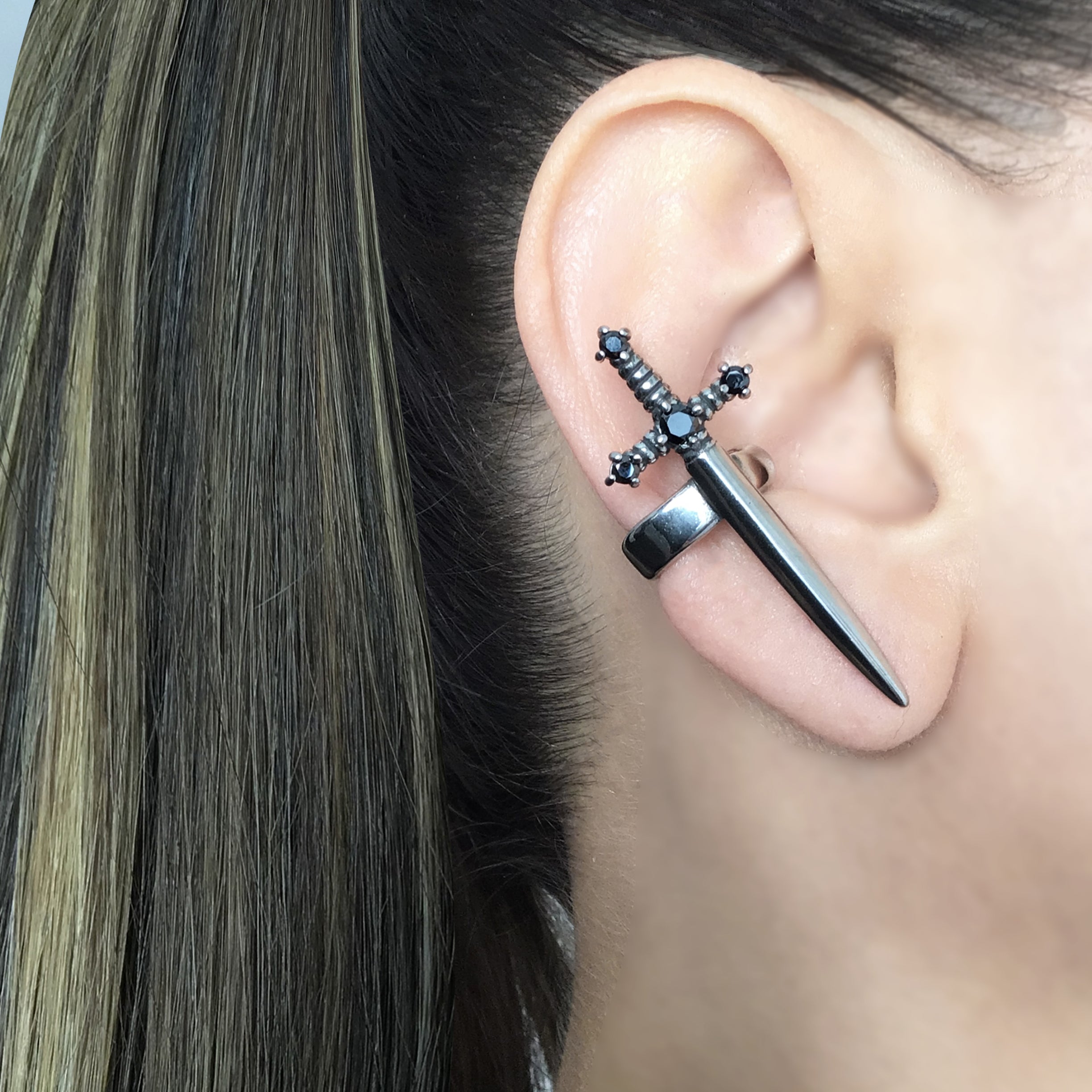 Kali Sword ear cuff with CZ stone in Silver