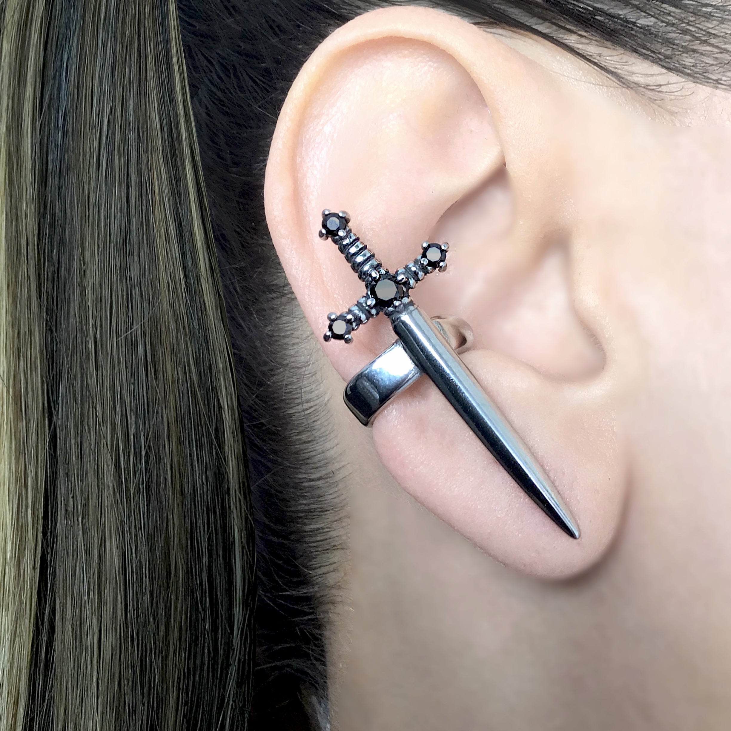 Kali Sword ear cuff with CZ stone in Black