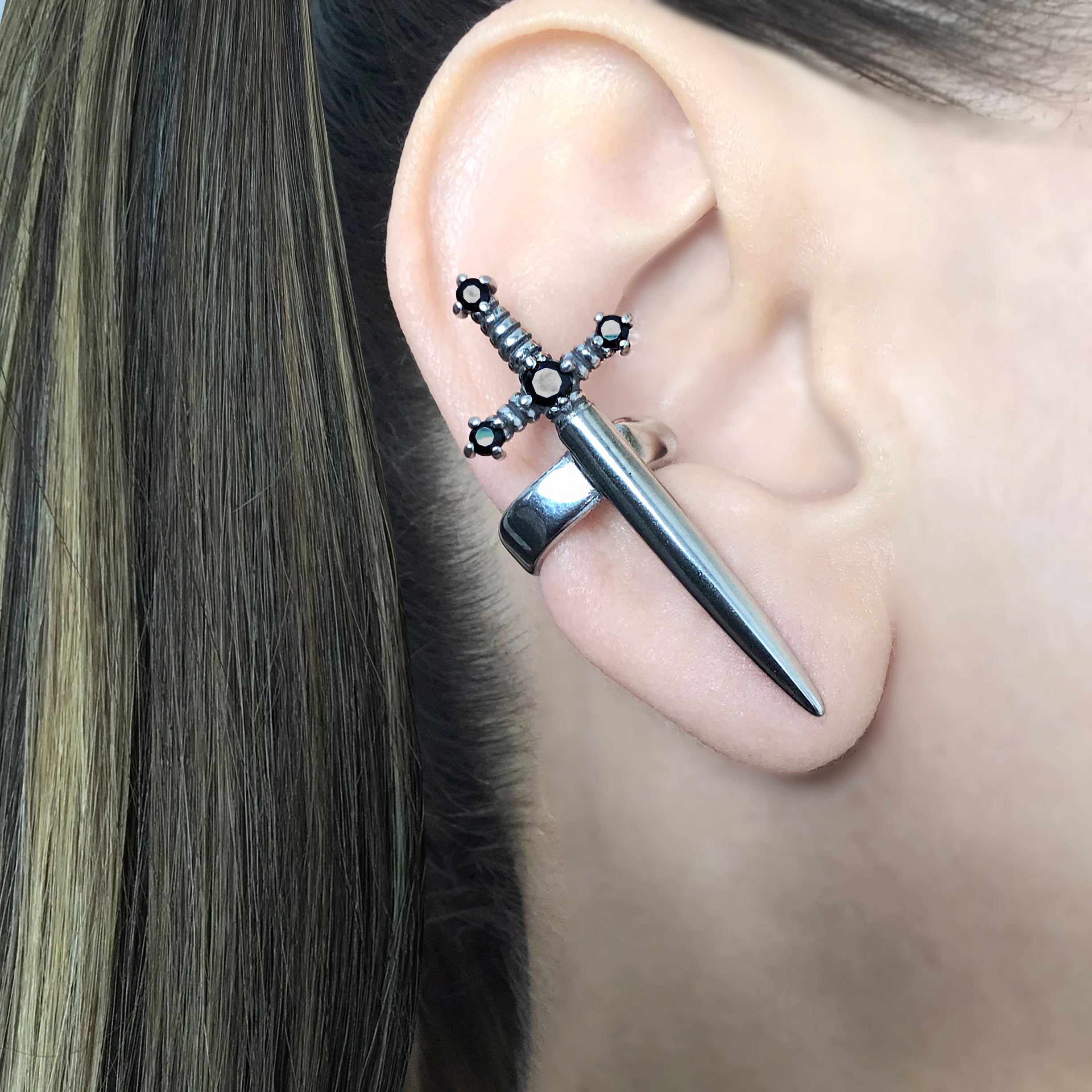 Kali Sword ear cuff with CZ stone in Gold