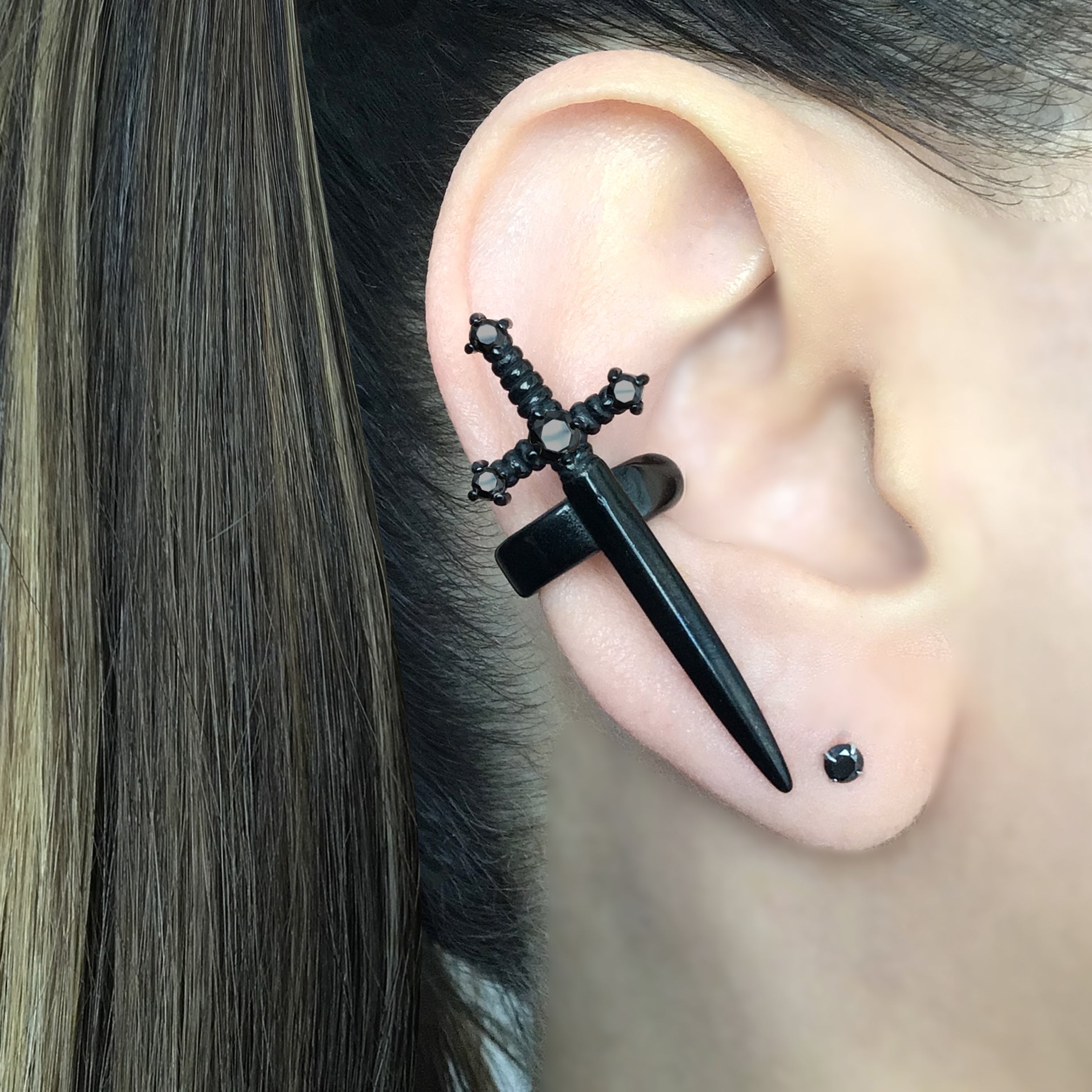 Kali Sword ear cuff with CZ stone in Silver