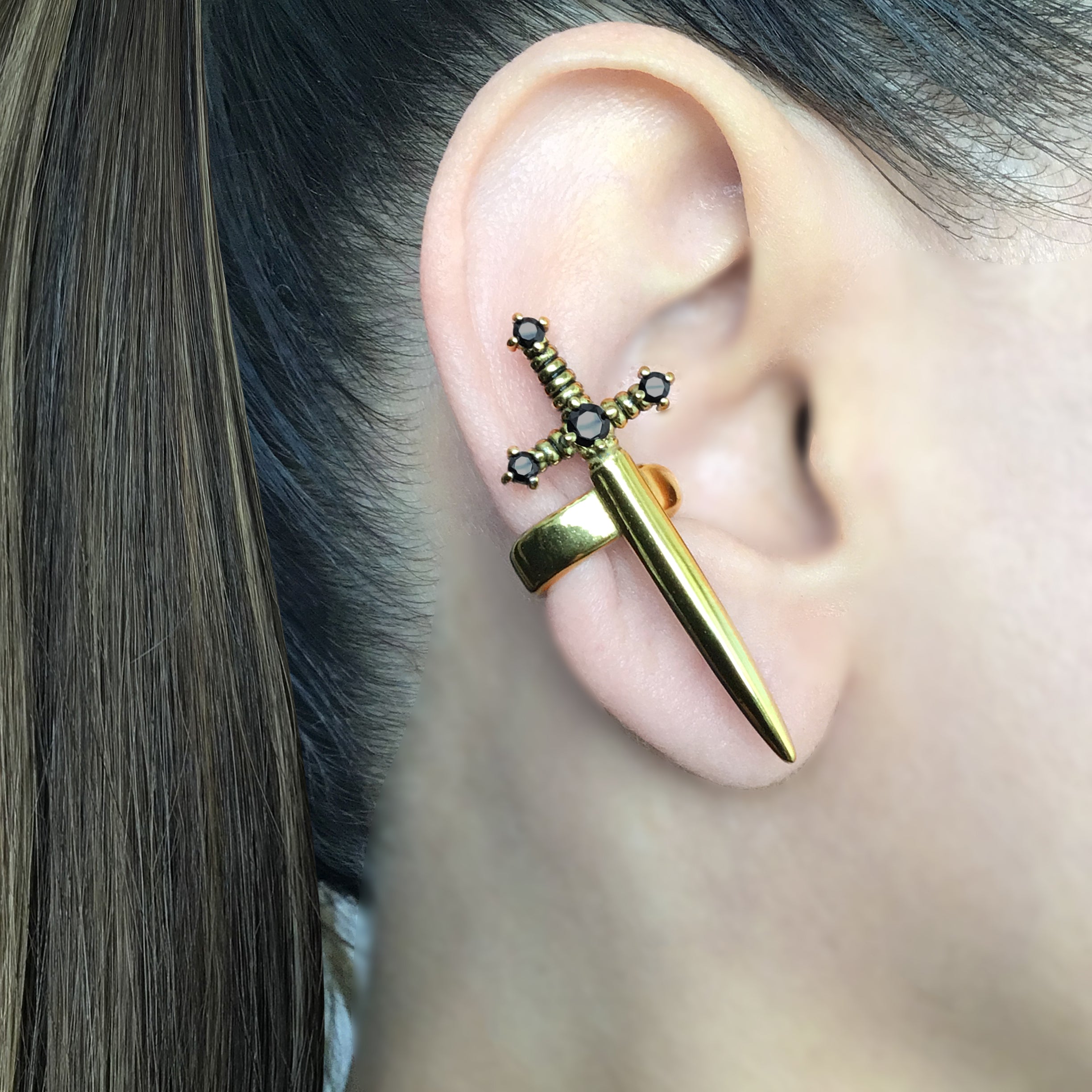 Kali Sword ear cuff with CZ stone in Silver