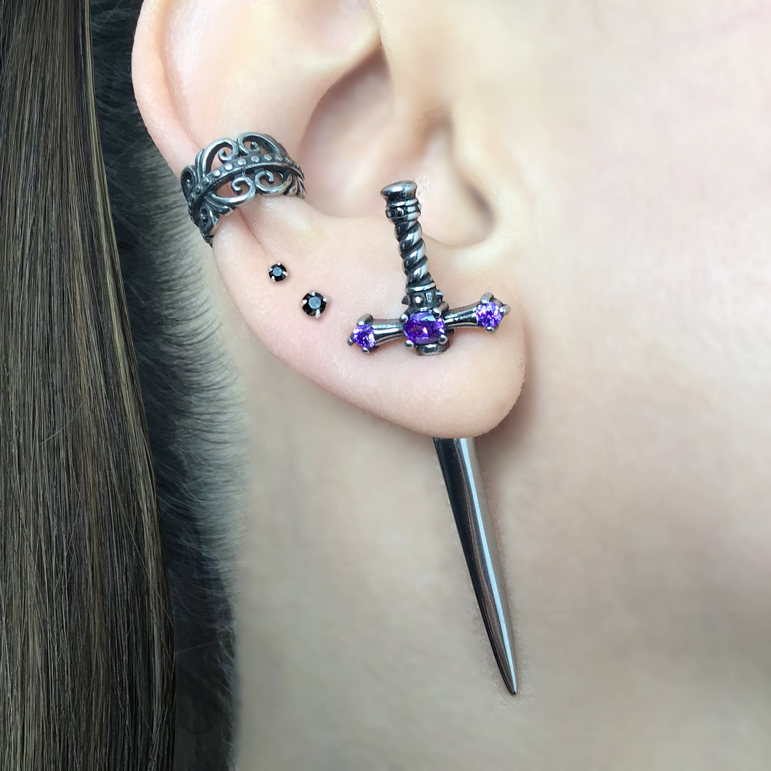 Dusk Sword earring with Purple stones in Black