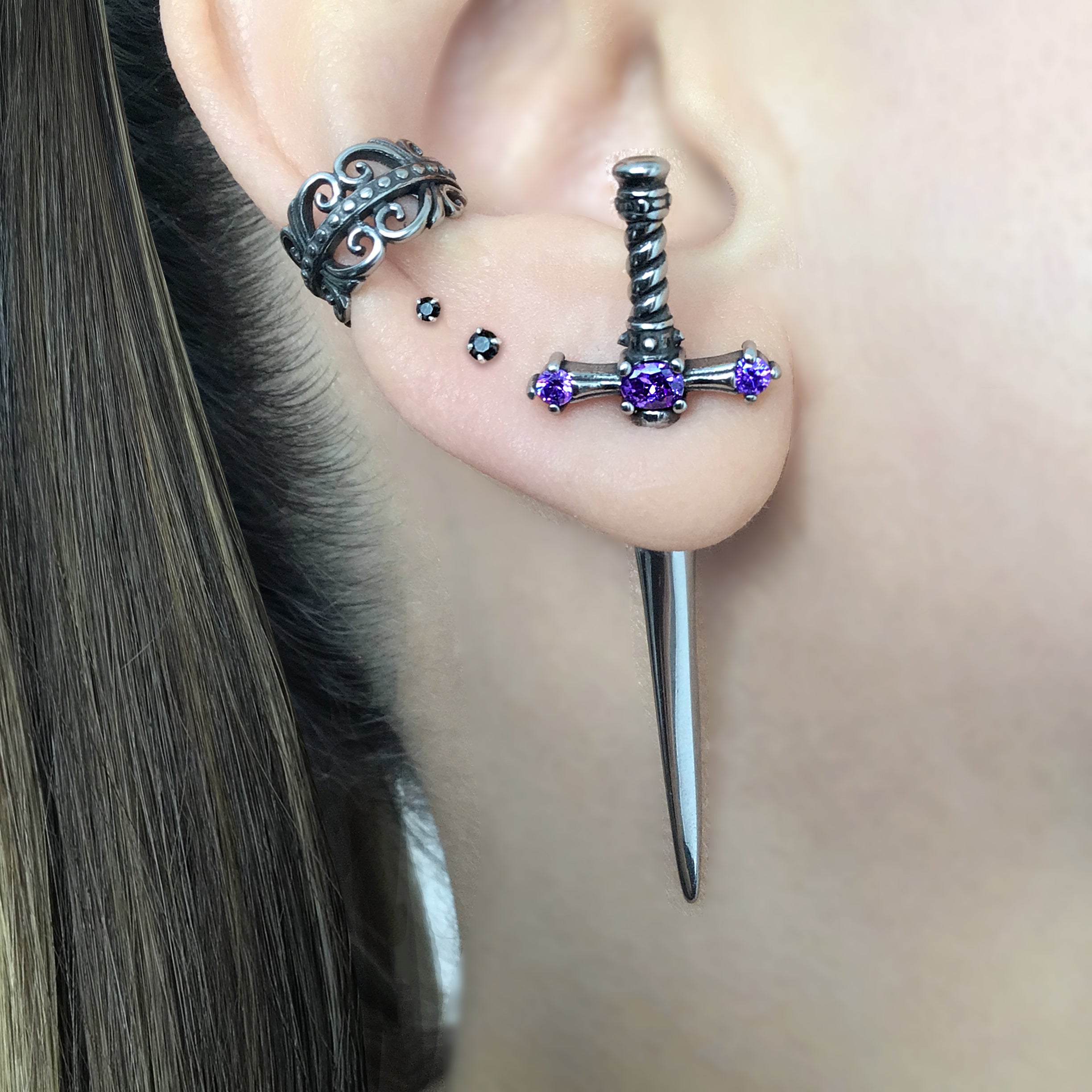 Dusk Sword earring with Purple stones in Black