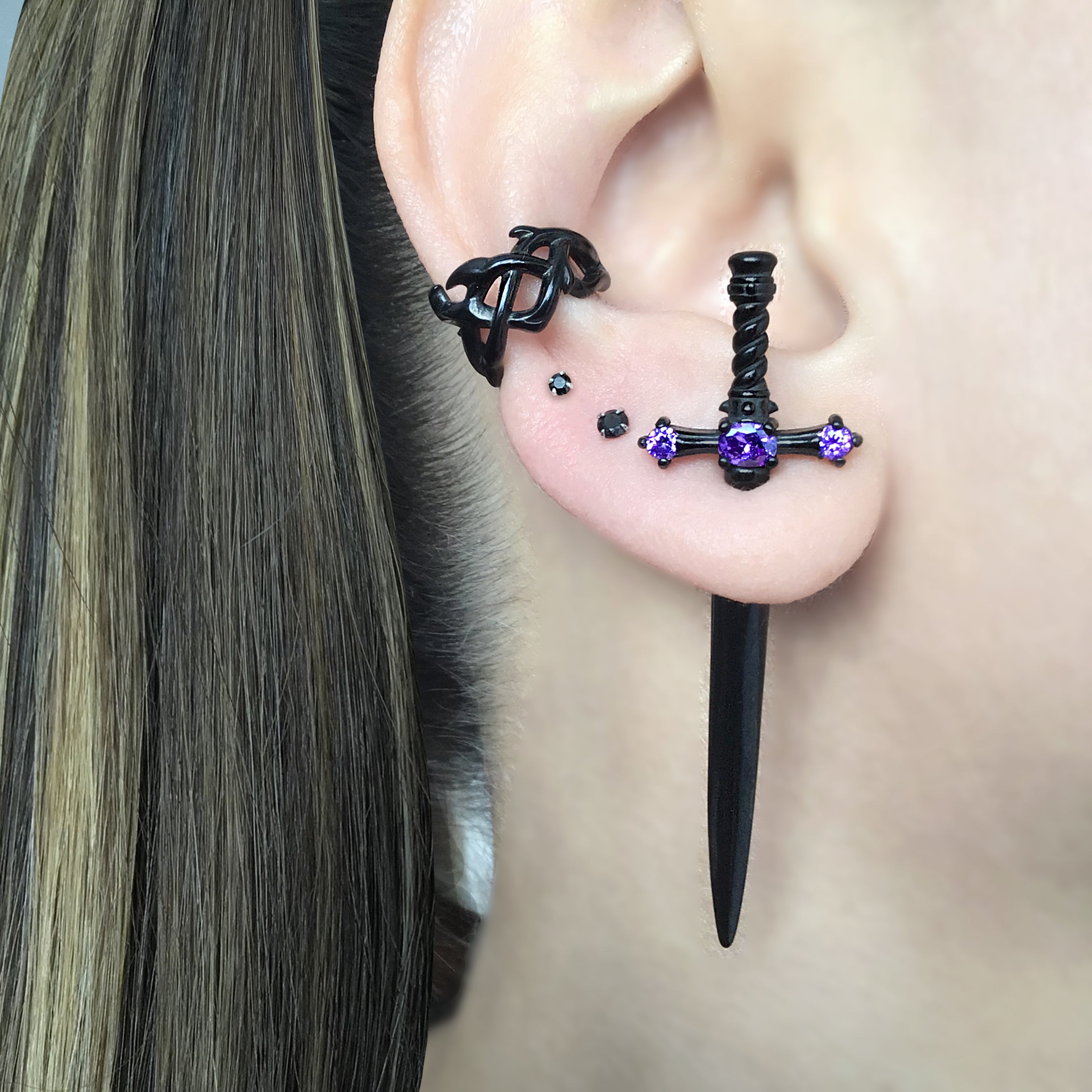 Dusk Sword earring with Purple stones in Black