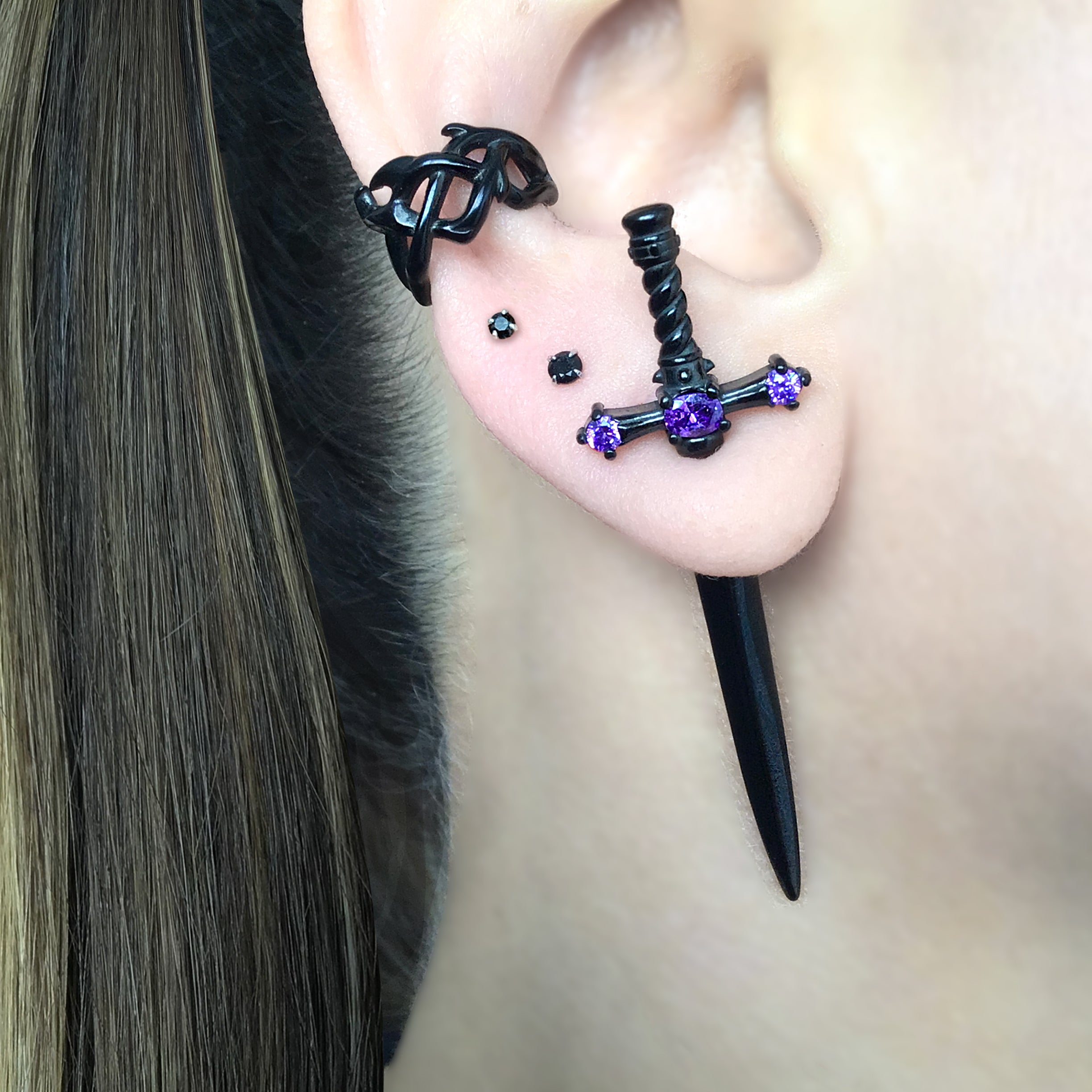 Dusk Sword earring with Purple stones in Black