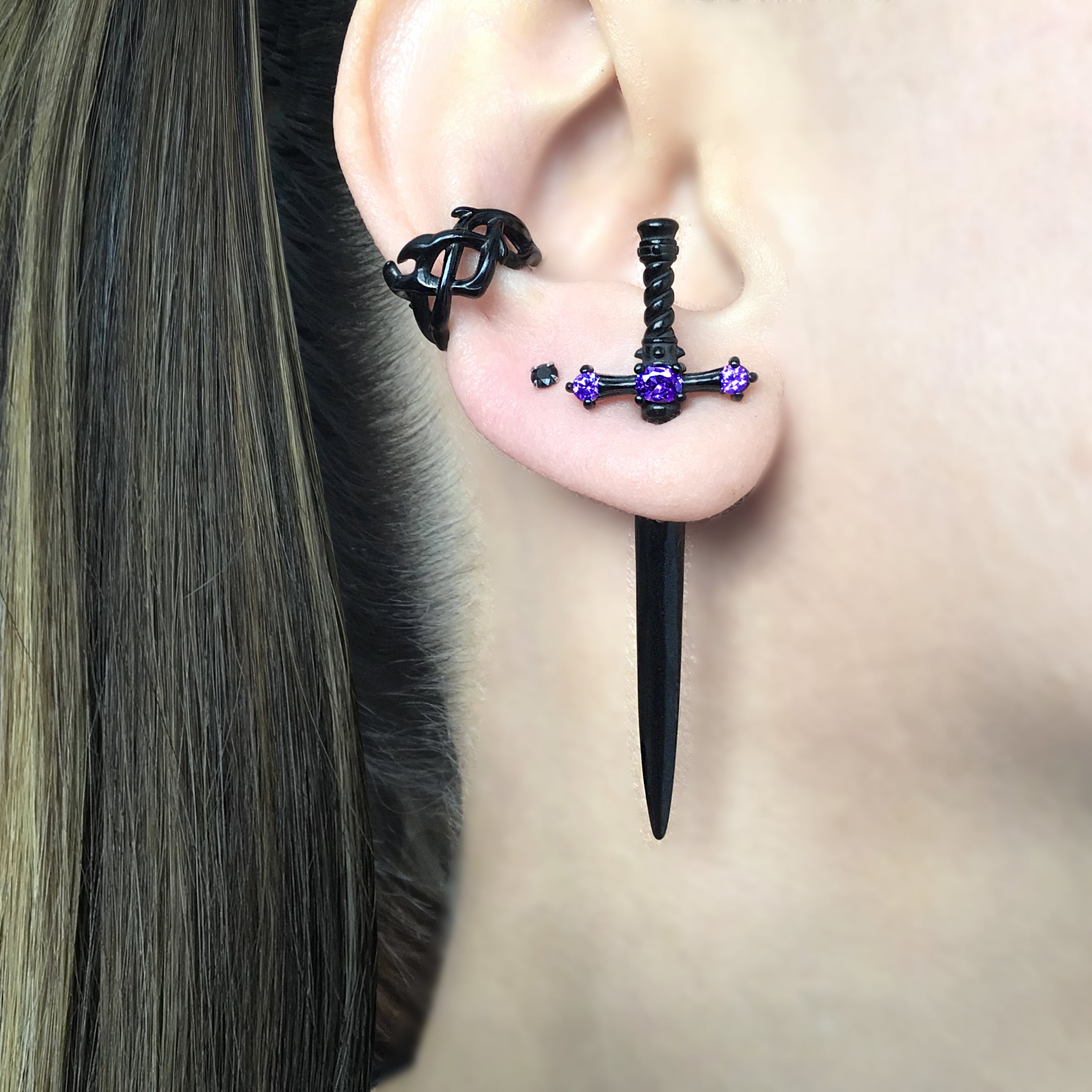 Dusk Sword earring with Purple stones in Black