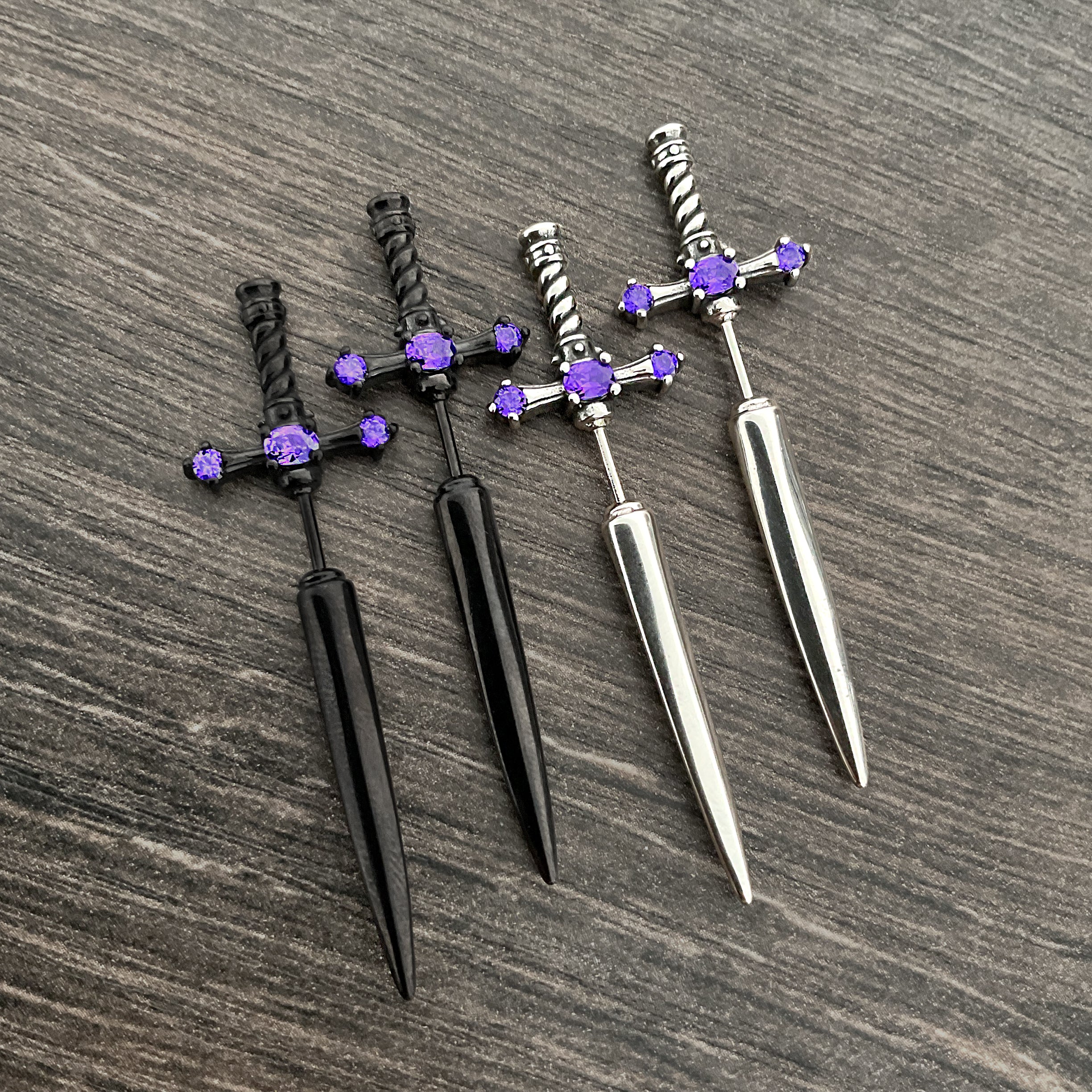 Dusk Sword earring with Purple stones in Black