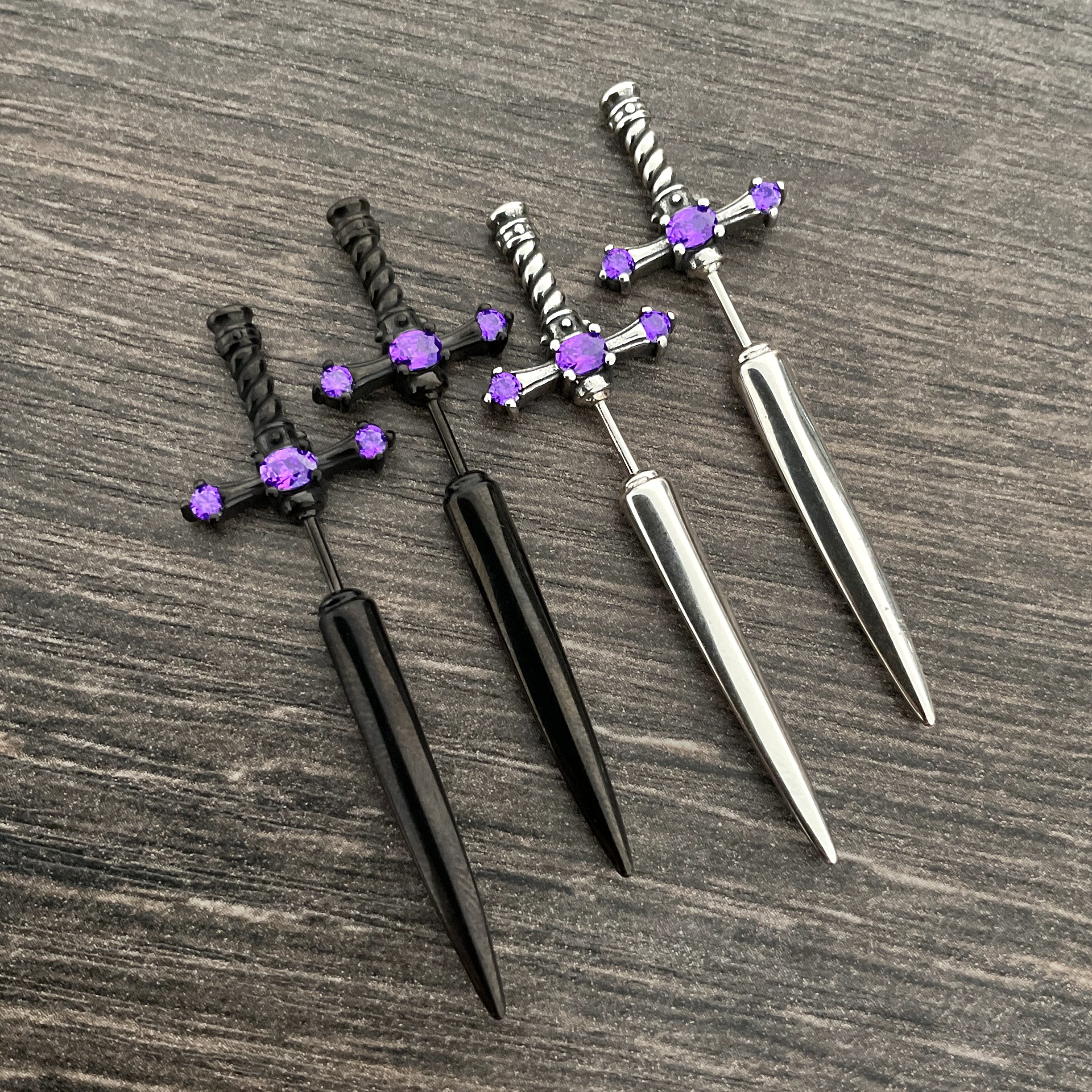 Dusk Sword earring with Purple stones in Black