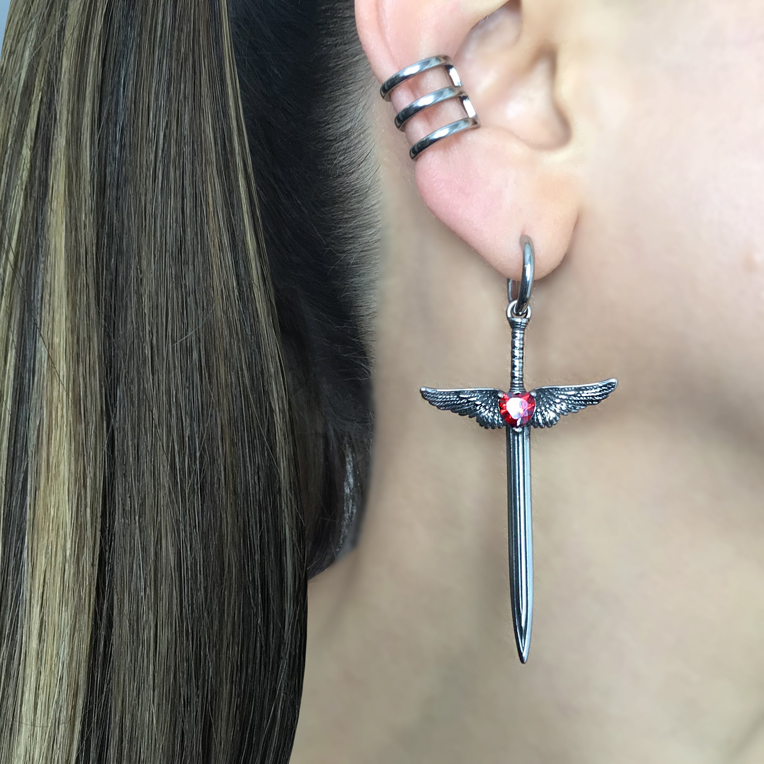 Sword with Wings and Black Heart hoop earrings