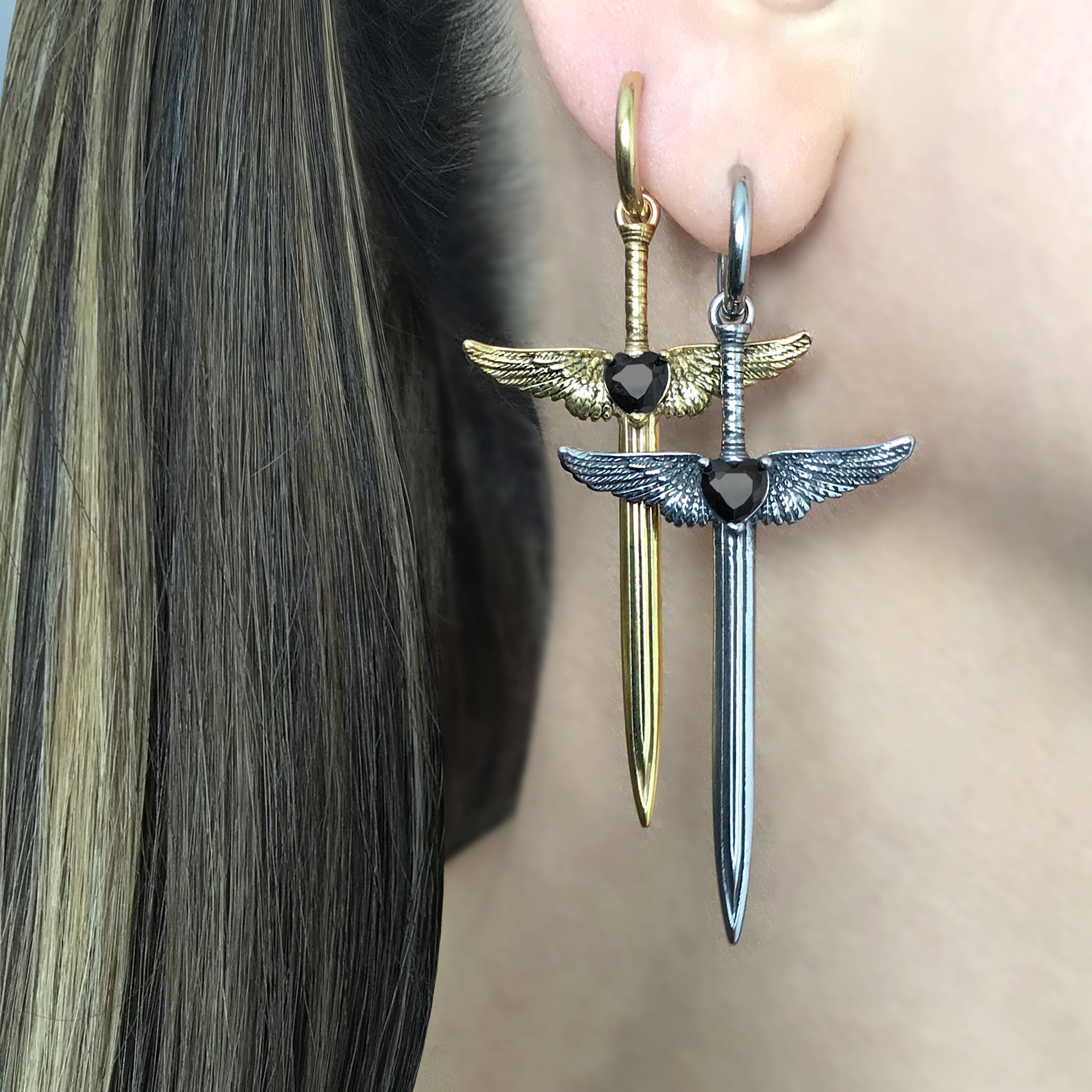 Sword with Wings and Black Heart hoop earrings