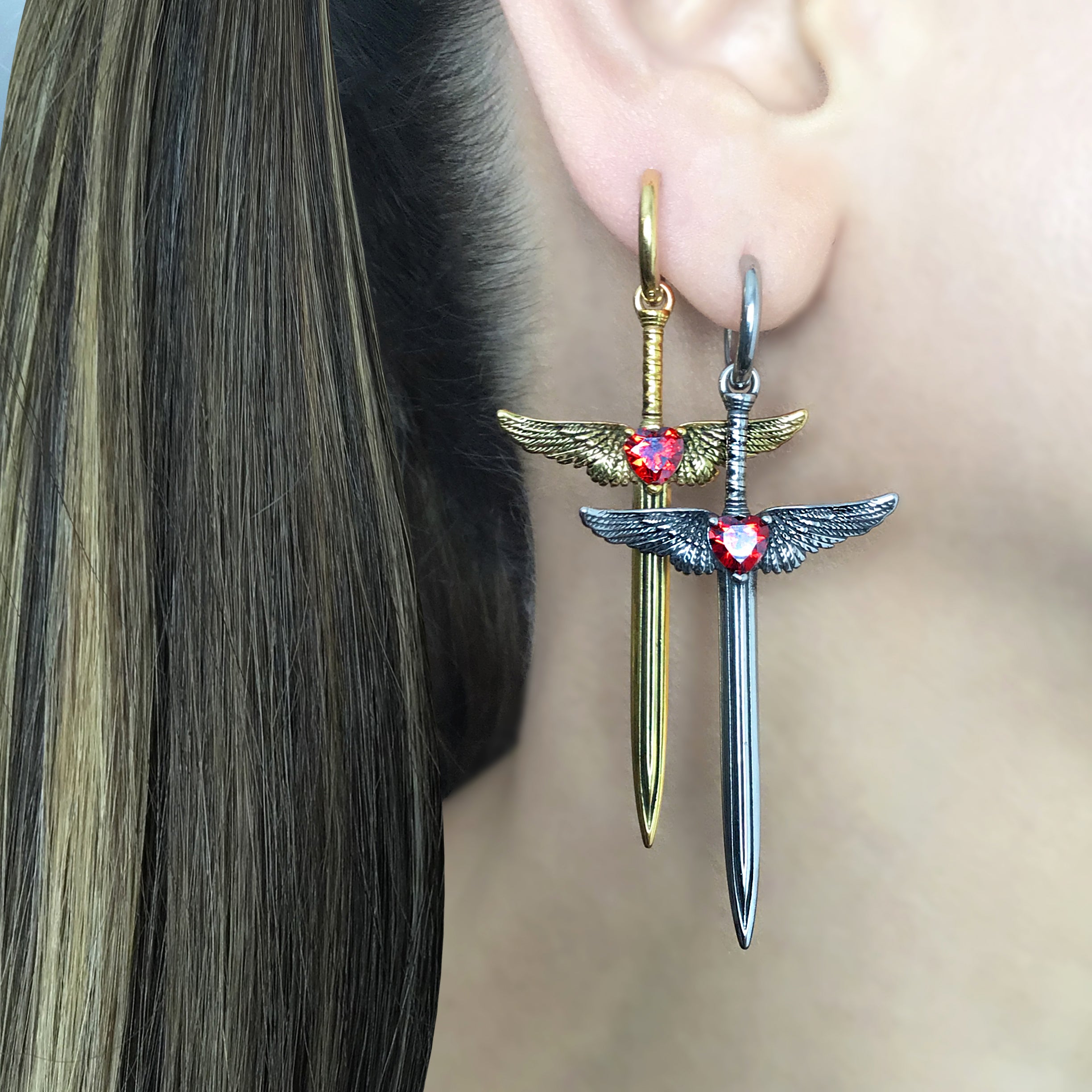 Sword with Wings and Red Heart hoop earrings