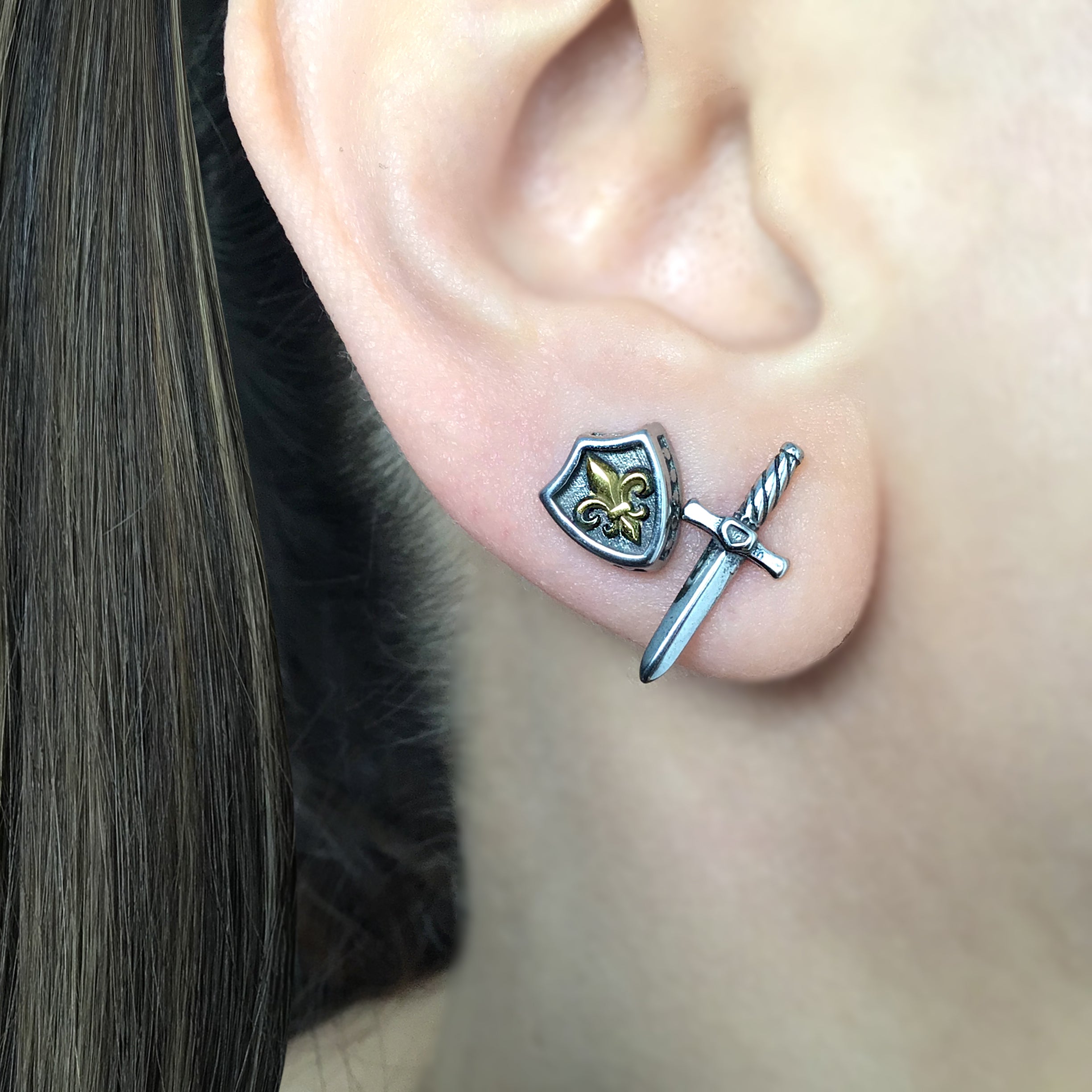 Sword and Shield stud earrings in Silver