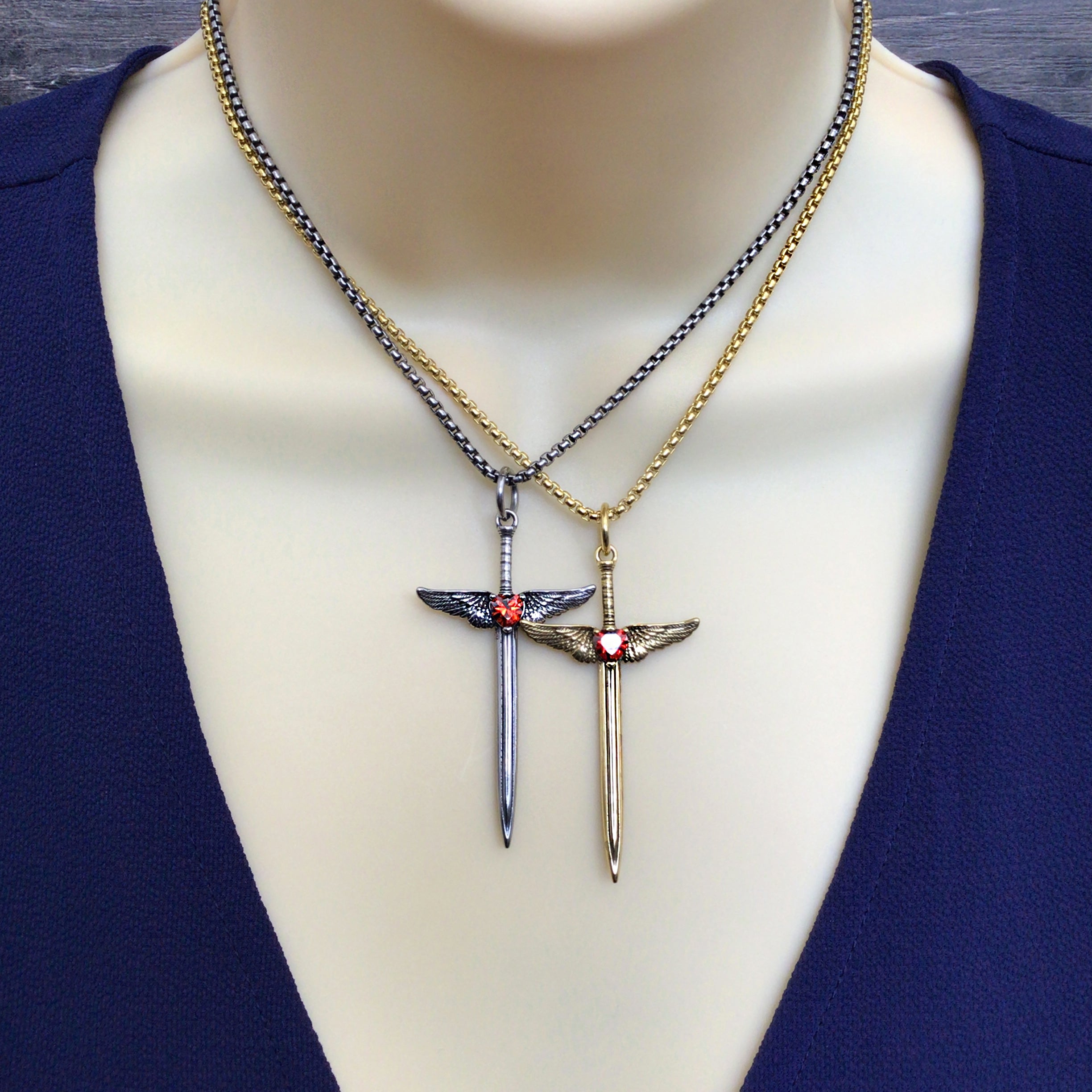 Sword with Heart and wings necklace